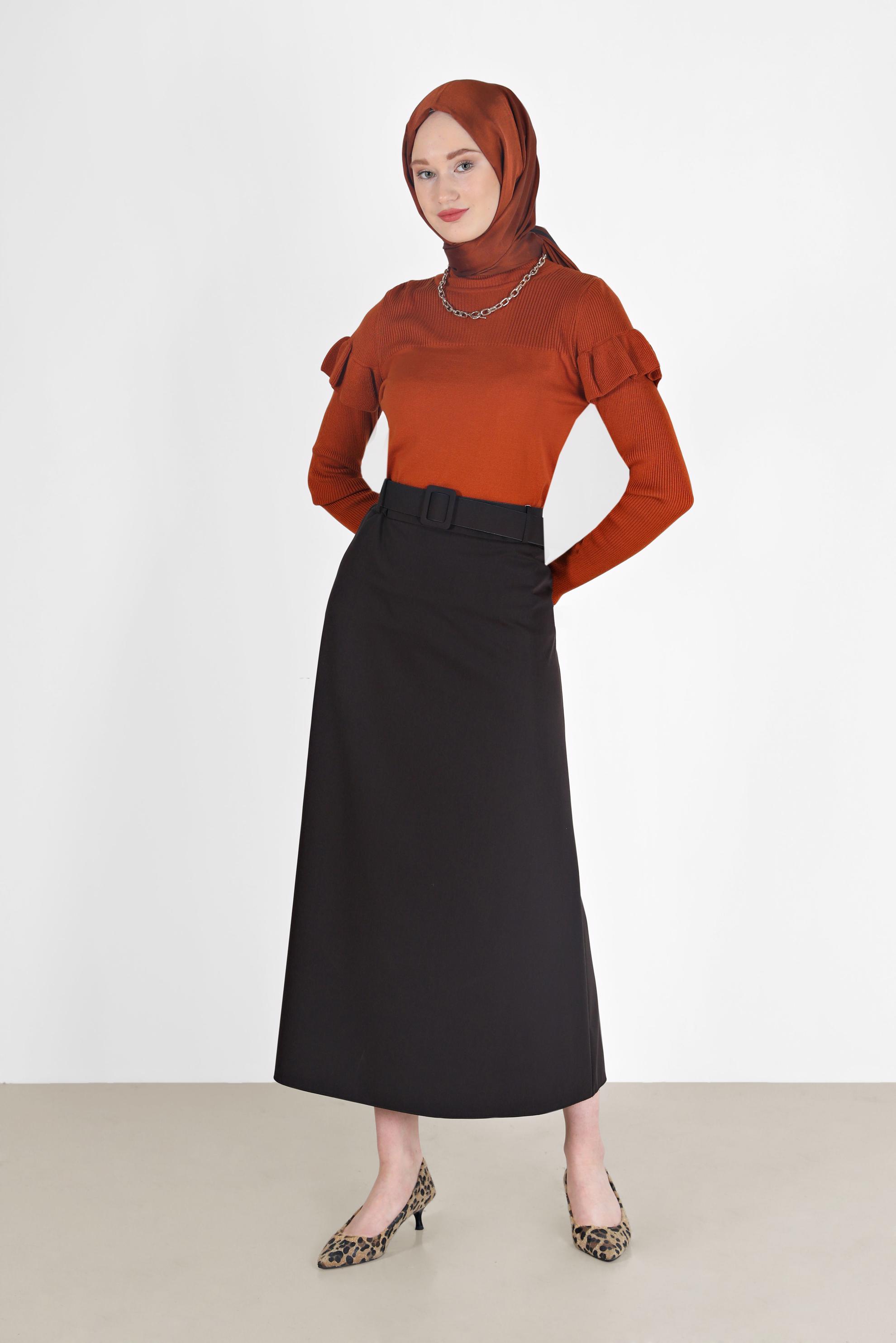 Tesettür giyim KAHVE KLASİK ETEK 60219 