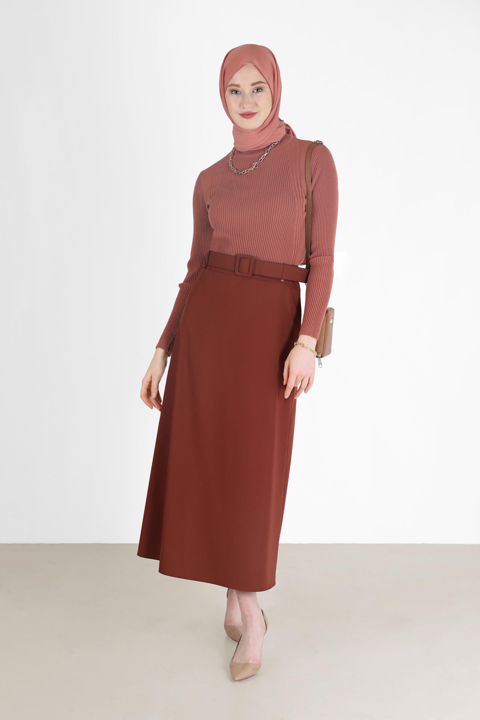 Tesettür giyim KAHVE KLASİK ETEK 60219 