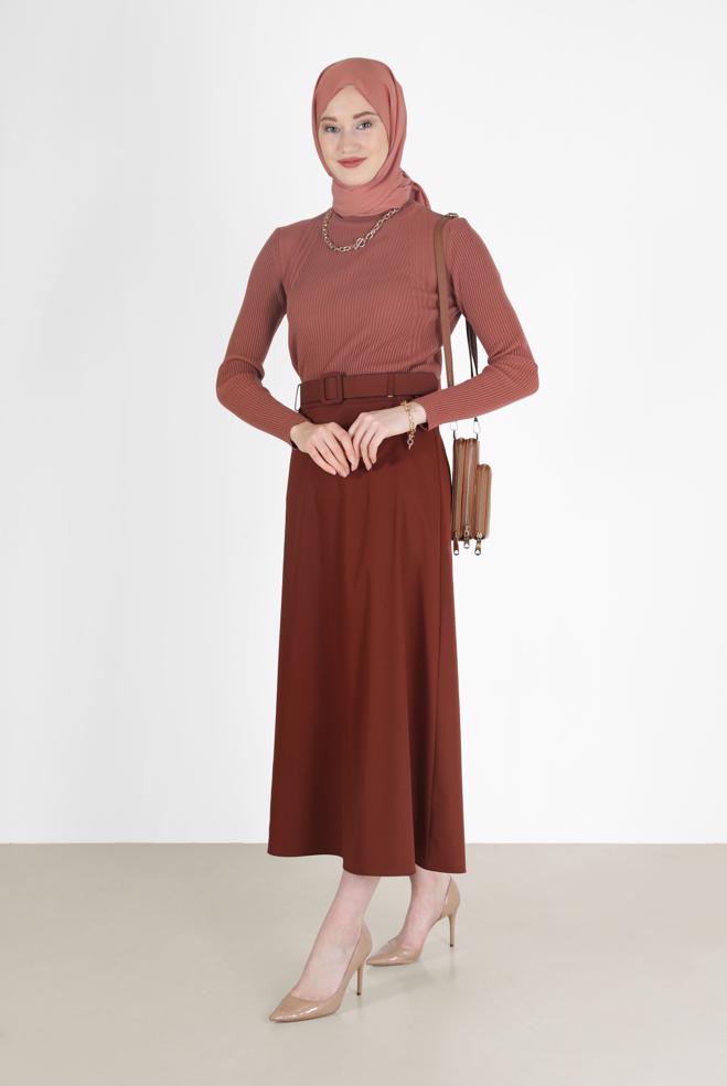 Tesettür giyim KAHVE KLASİK ETEK 60219  - ALVİNA