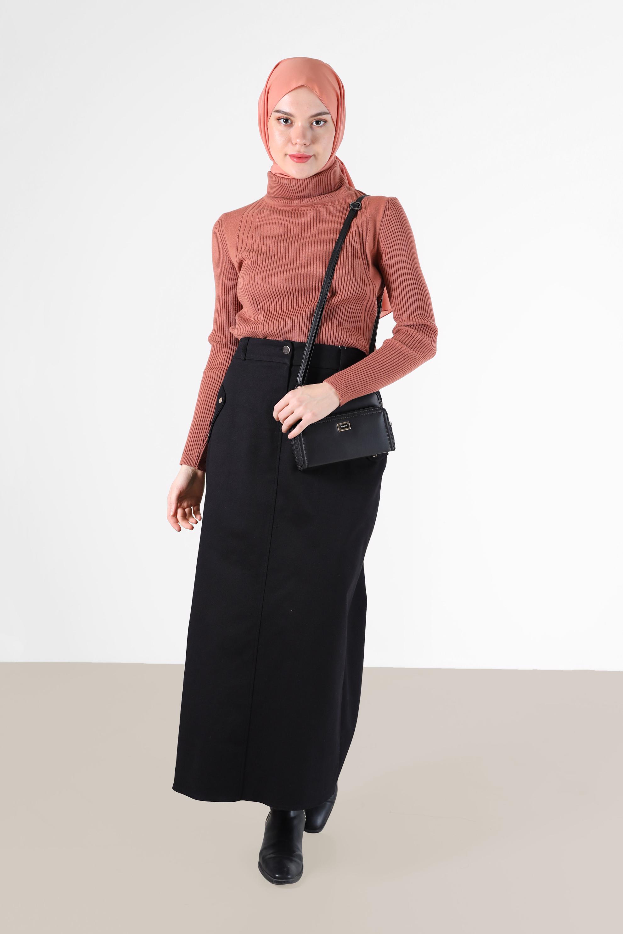 Tesettür giyim SİYAH FERMUARLI YIRTMAÇ DETAYLI KALEM ETEK 60224 