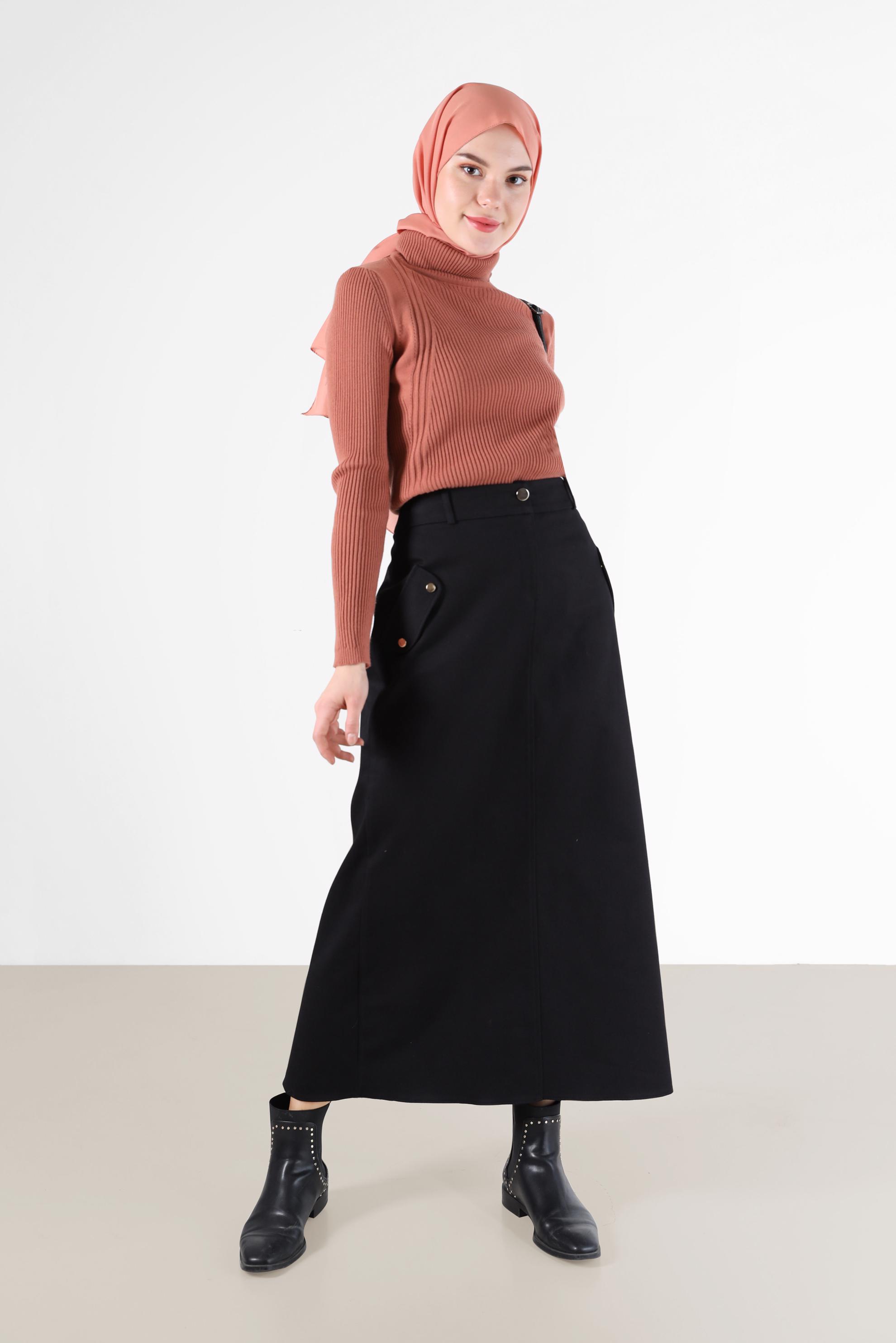 Tesettür giyim SİYAH FERMUARLI YIRTMAÇ DETAYLI KALEM ETEK 60224 