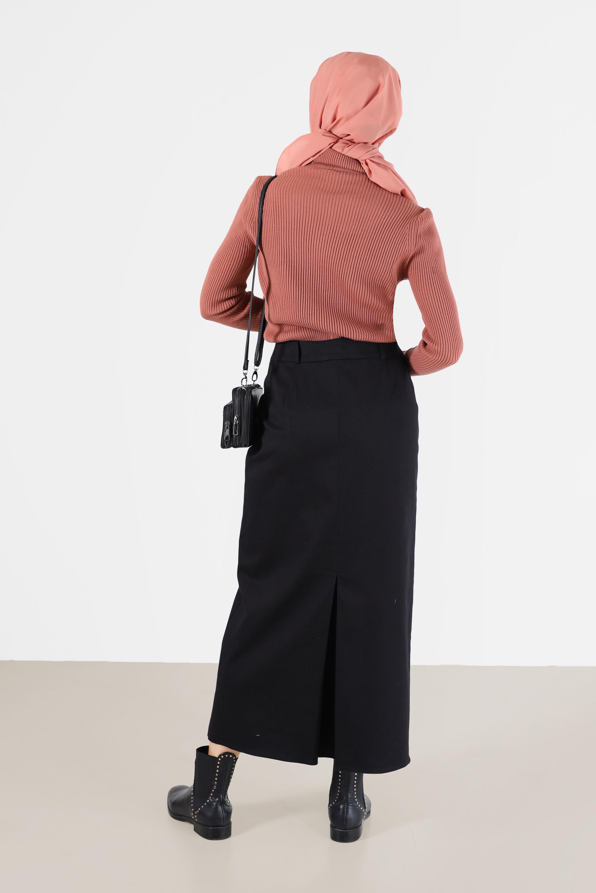 Tesettür giyim SİYAH FERMUARLI YIRTMAÇ DETAYLI KALEM ETEK 60224 