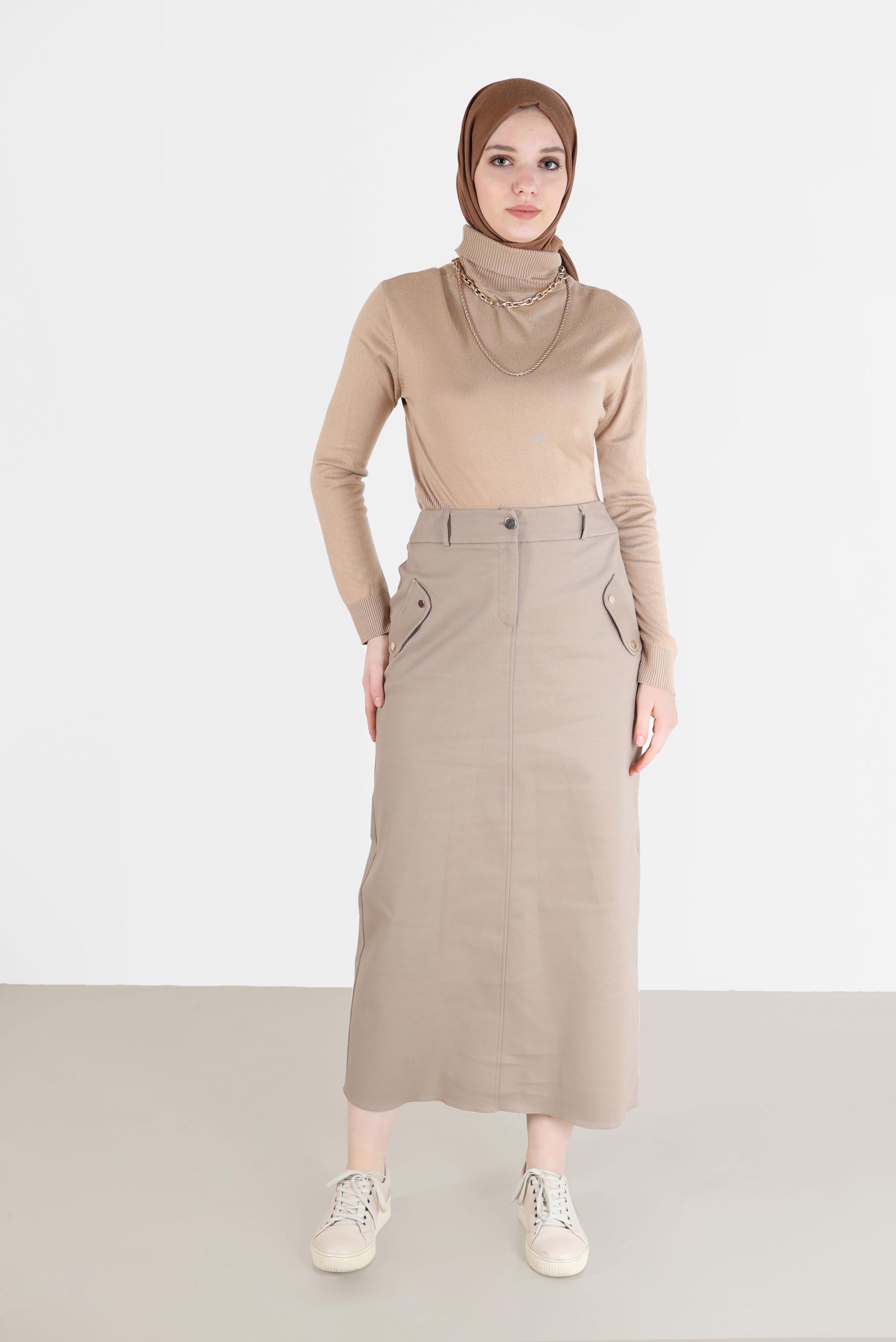 Tesettür giyim BEJ FERMUARLI YIRTMAÇ DETAYLI KALEM ETEK 60224 