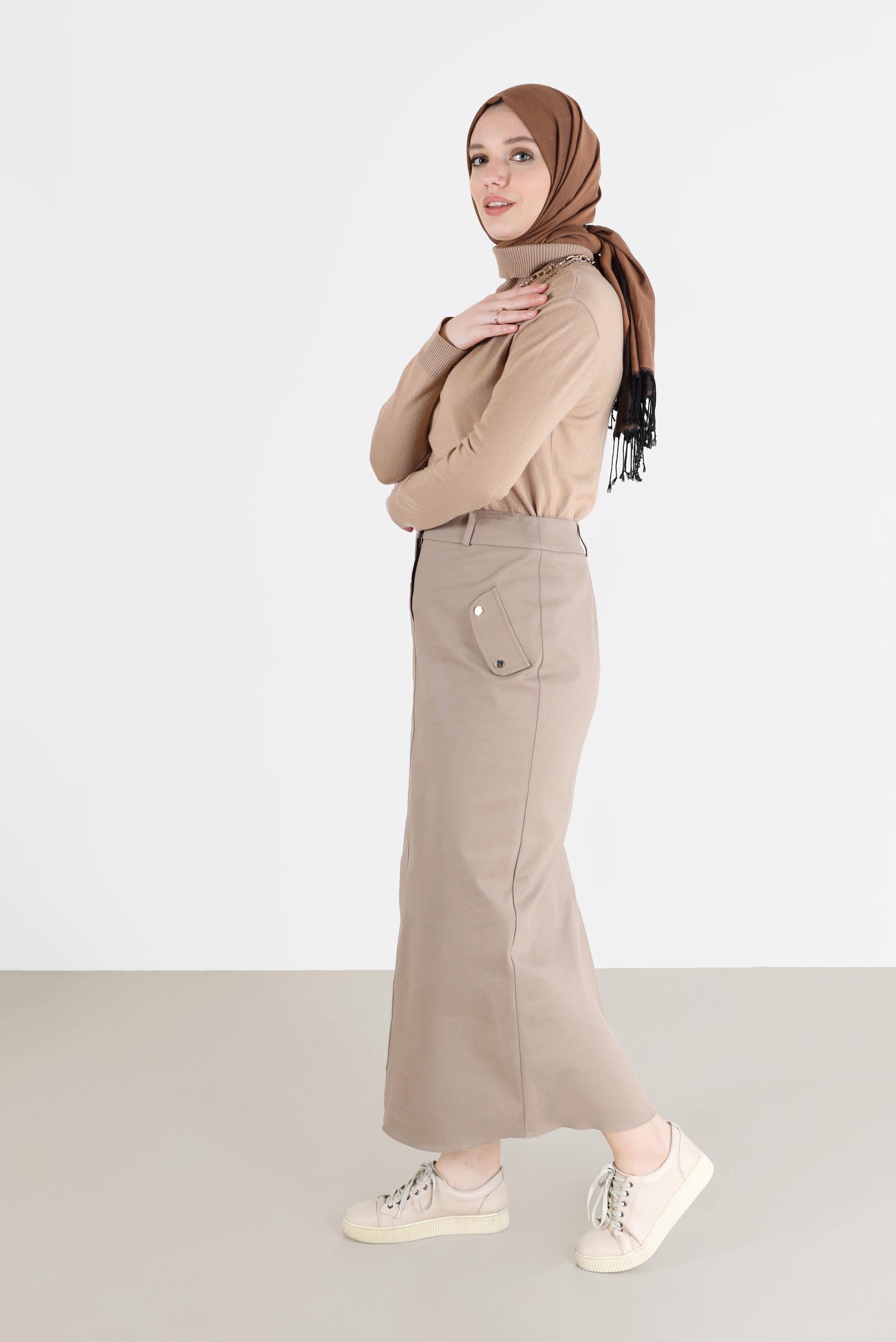 Tesettür giyim BEJ FERMUARLI YIRTMAÇ DETAYLI KALEM ETEK 60224 