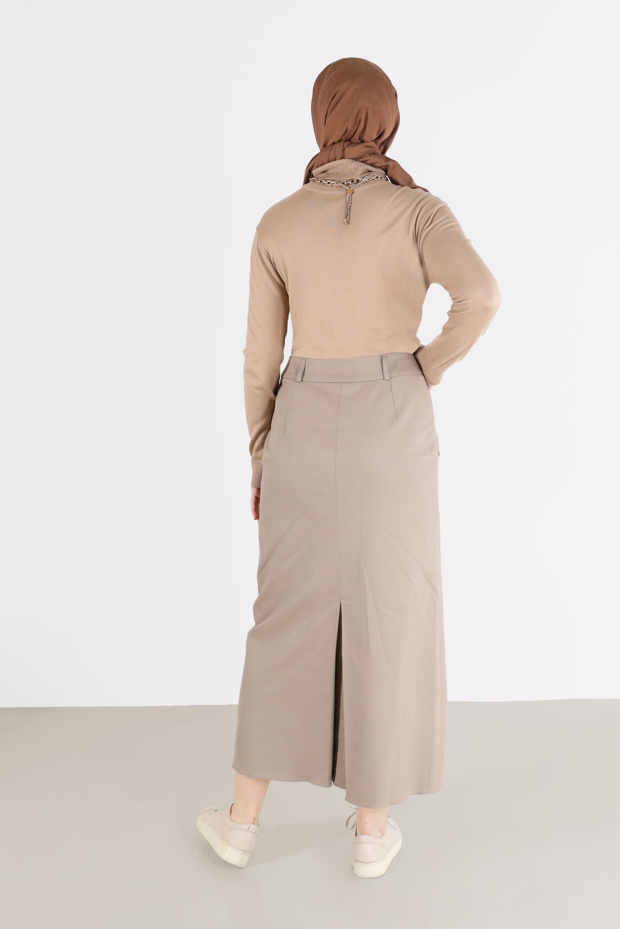 Tesettür giyim BEJ FERMUARLI YIRTMAÇ DETAYLI KALEM ETEK 60224 