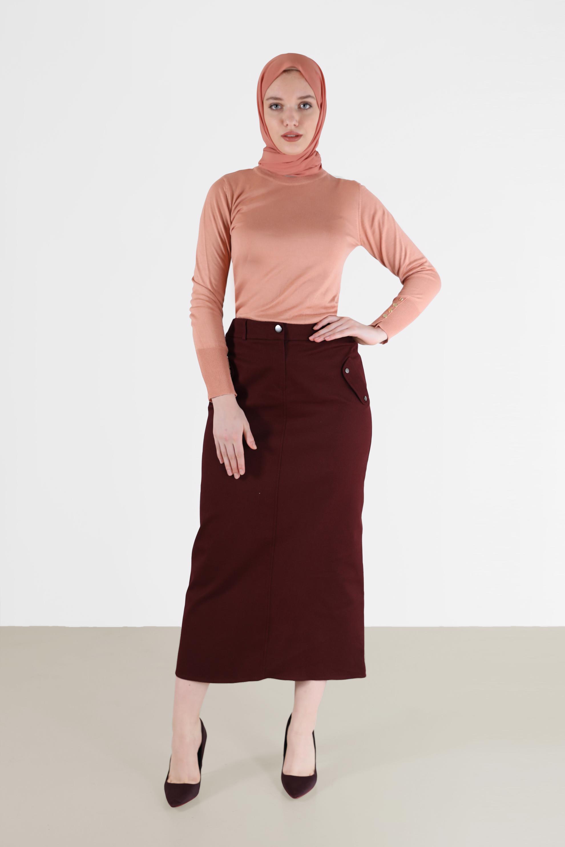 Tesettür giyim BORDO FERMUARLI YIRTMAÇ DETAYLI KALEM ETEK 60224 