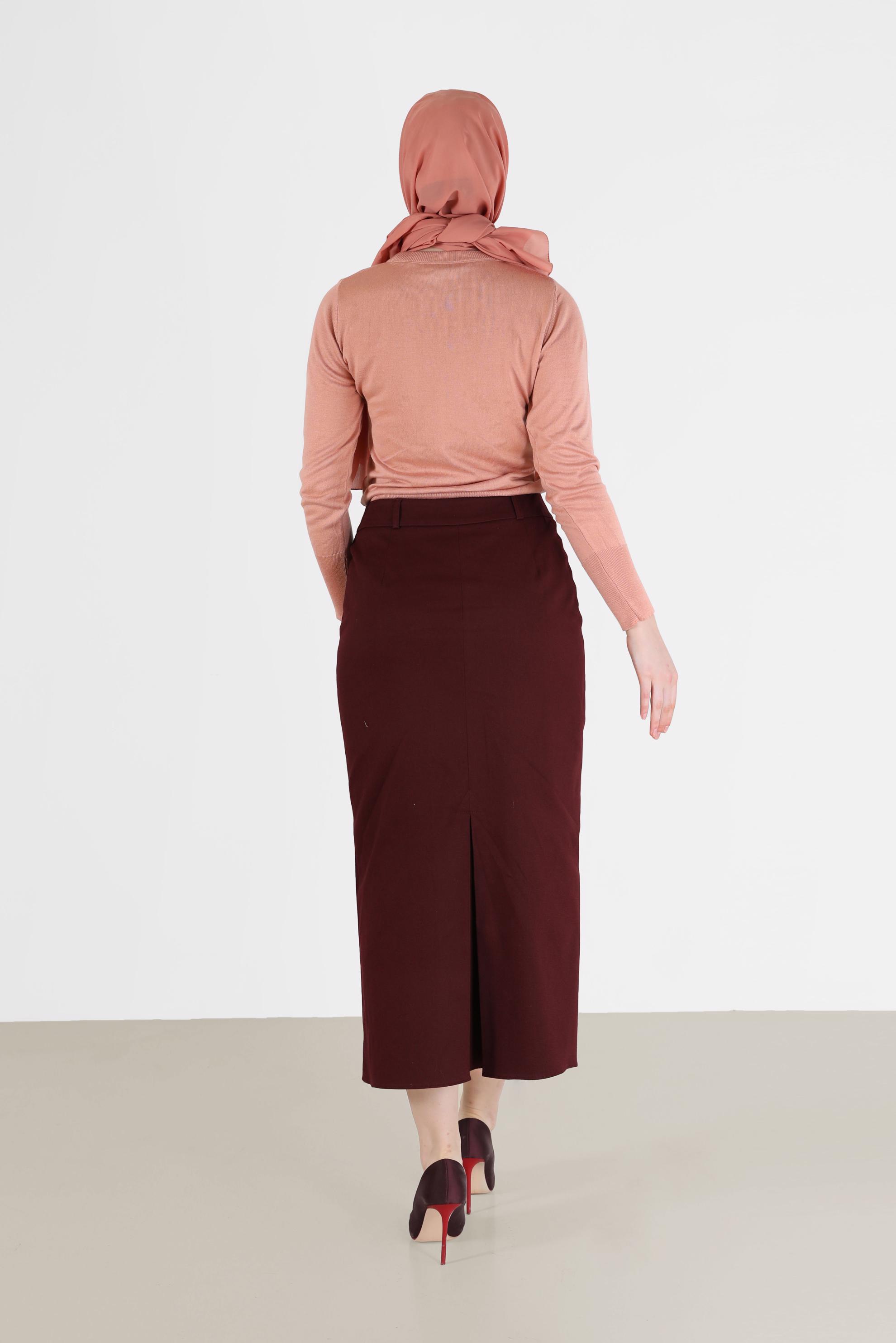 Tesettür giyim BORDO FERMUARLI YIRTMAÇ DETAYLI KALEM ETEK 60224 