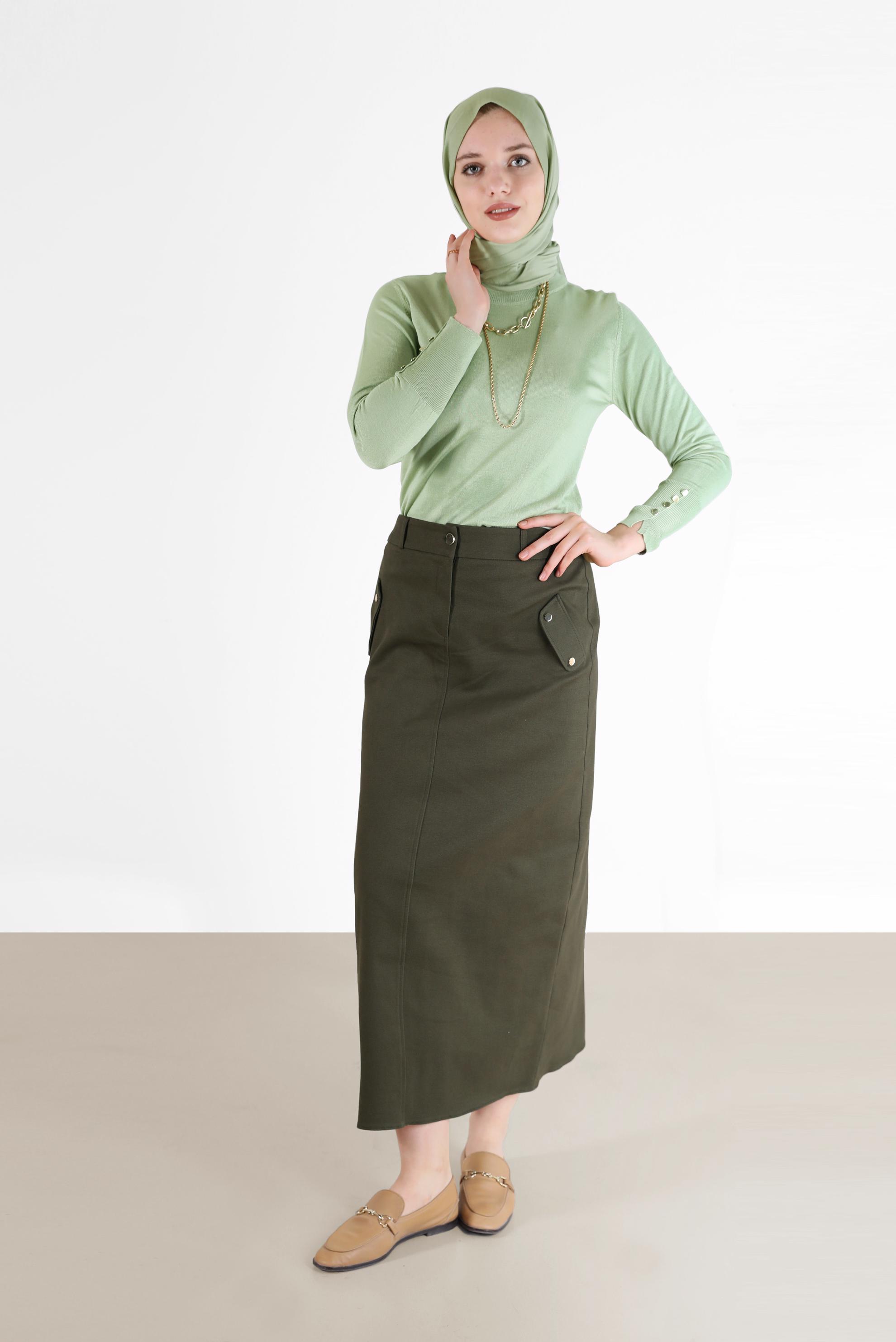 Tesettür giyim HAKİ FERMUARLI YIRTMAÇ DETAYLI KALEM ETEK 60224 