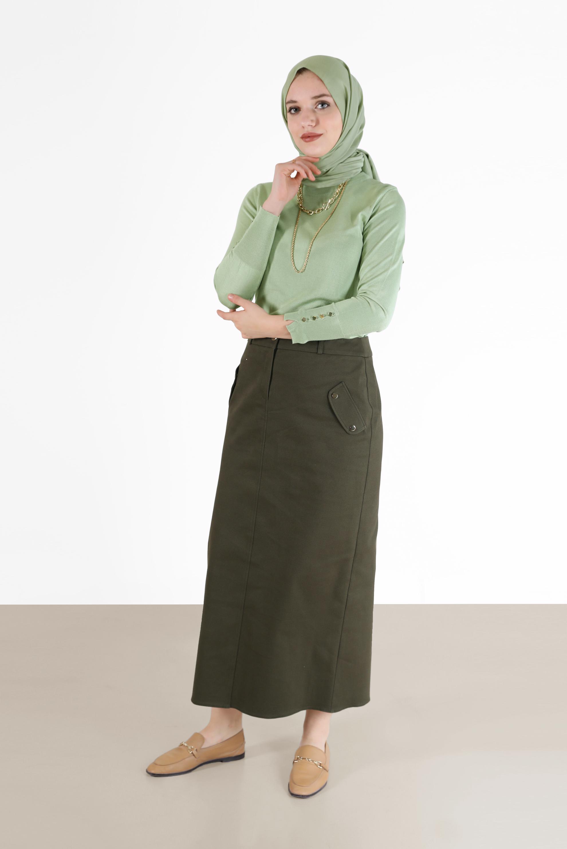 Tesettür giyim HAKİ FERMUARLI YIRTMAÇ DETAYLI KALEM ETEK 60224 