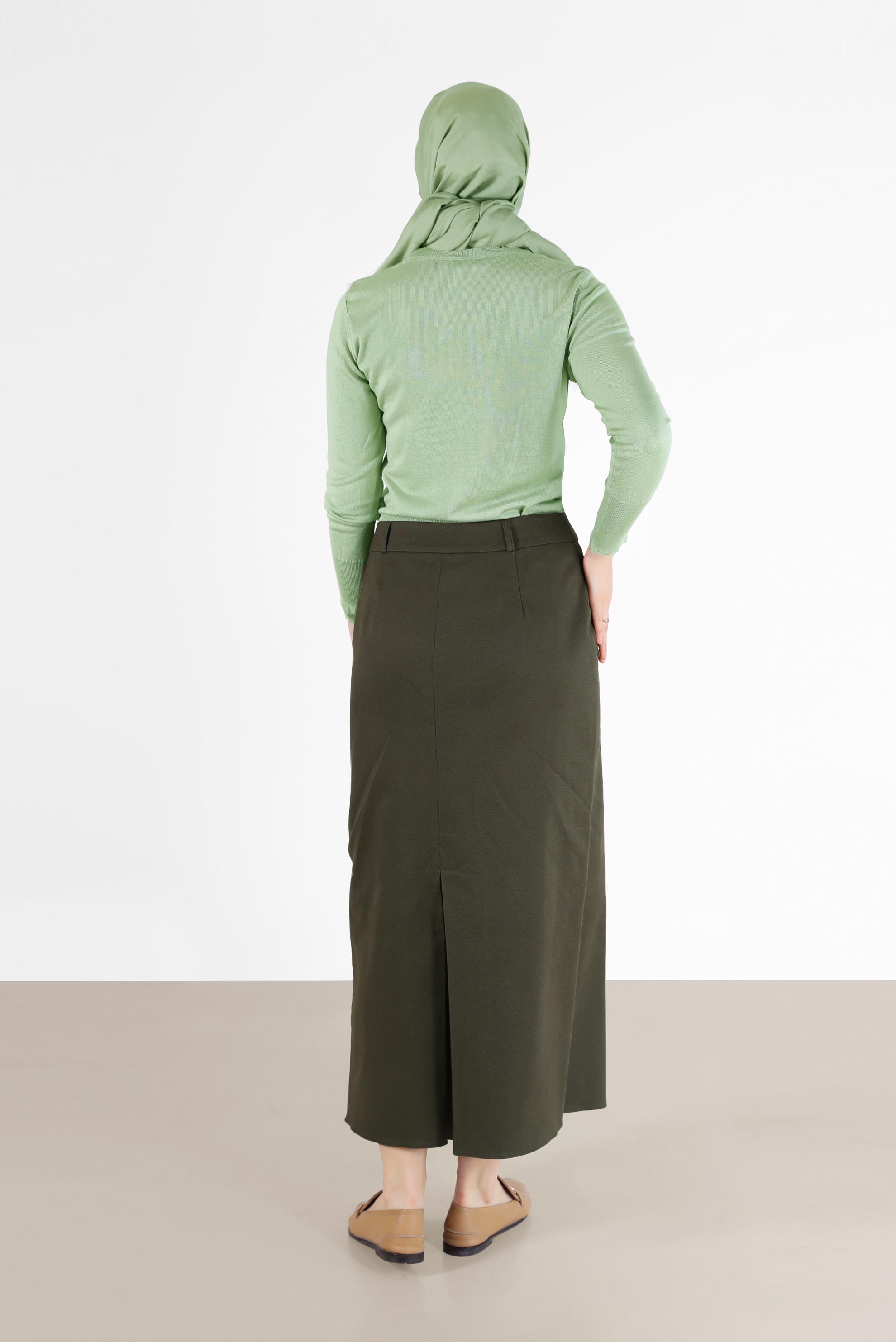 Tesettür giyim HAKİ FERMUARLI YIRTMAÇ DETAYLI KALEM ETEK 60224 