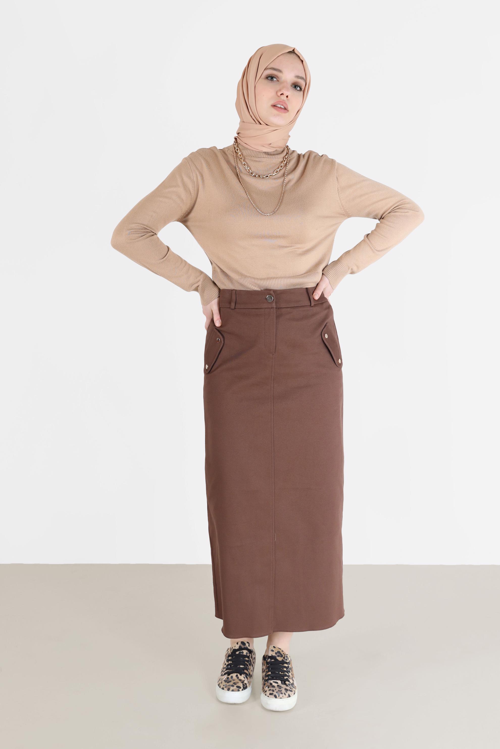 Tesettür giyim KAHVE FERMUARLI YIRTMAÇ DETAYLI KALEM ETEK 60224 