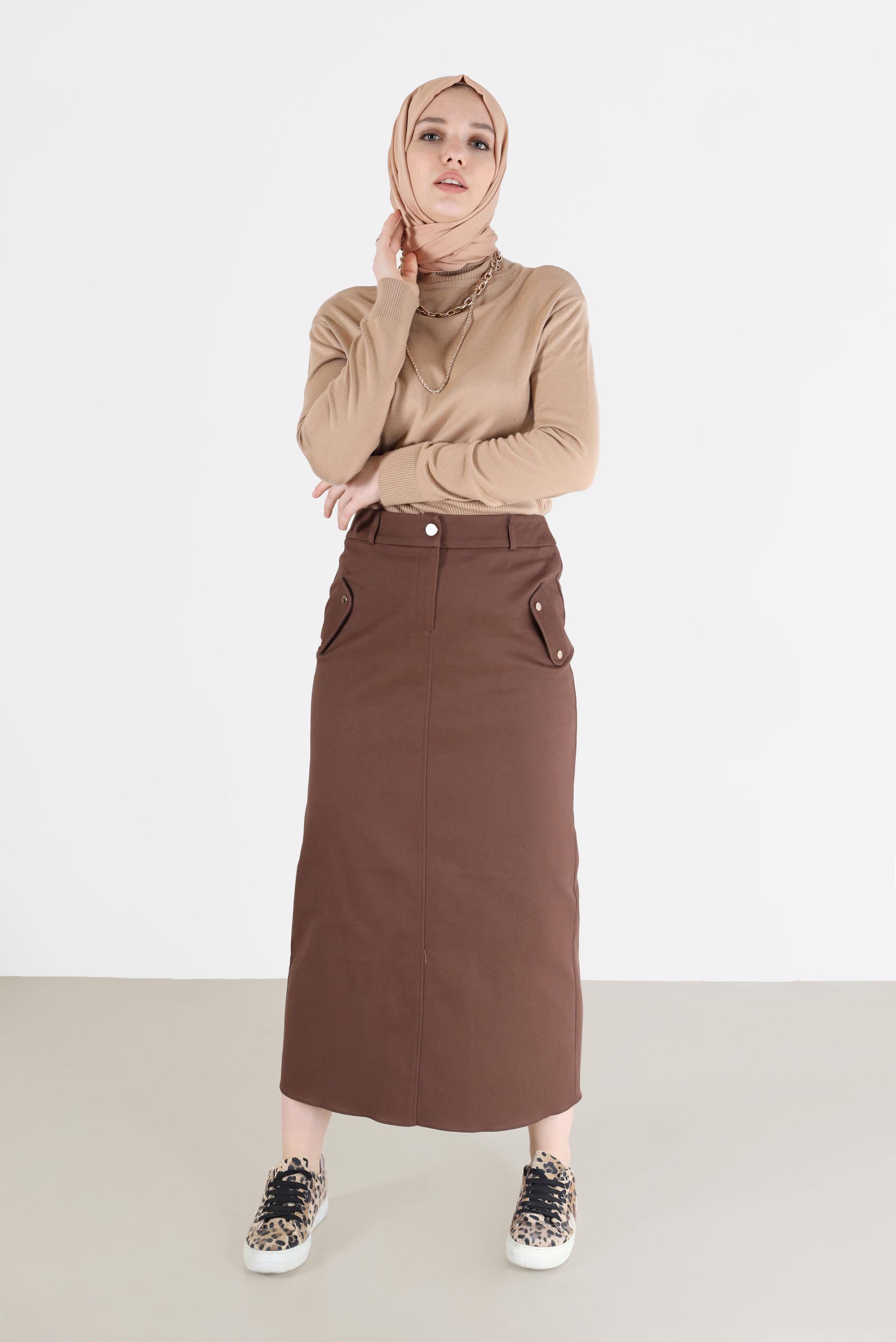 Tesettür giyim KAHVE FERMUARLI YIRTMAÇ DETAYLI KALEM ETEK 60224 
