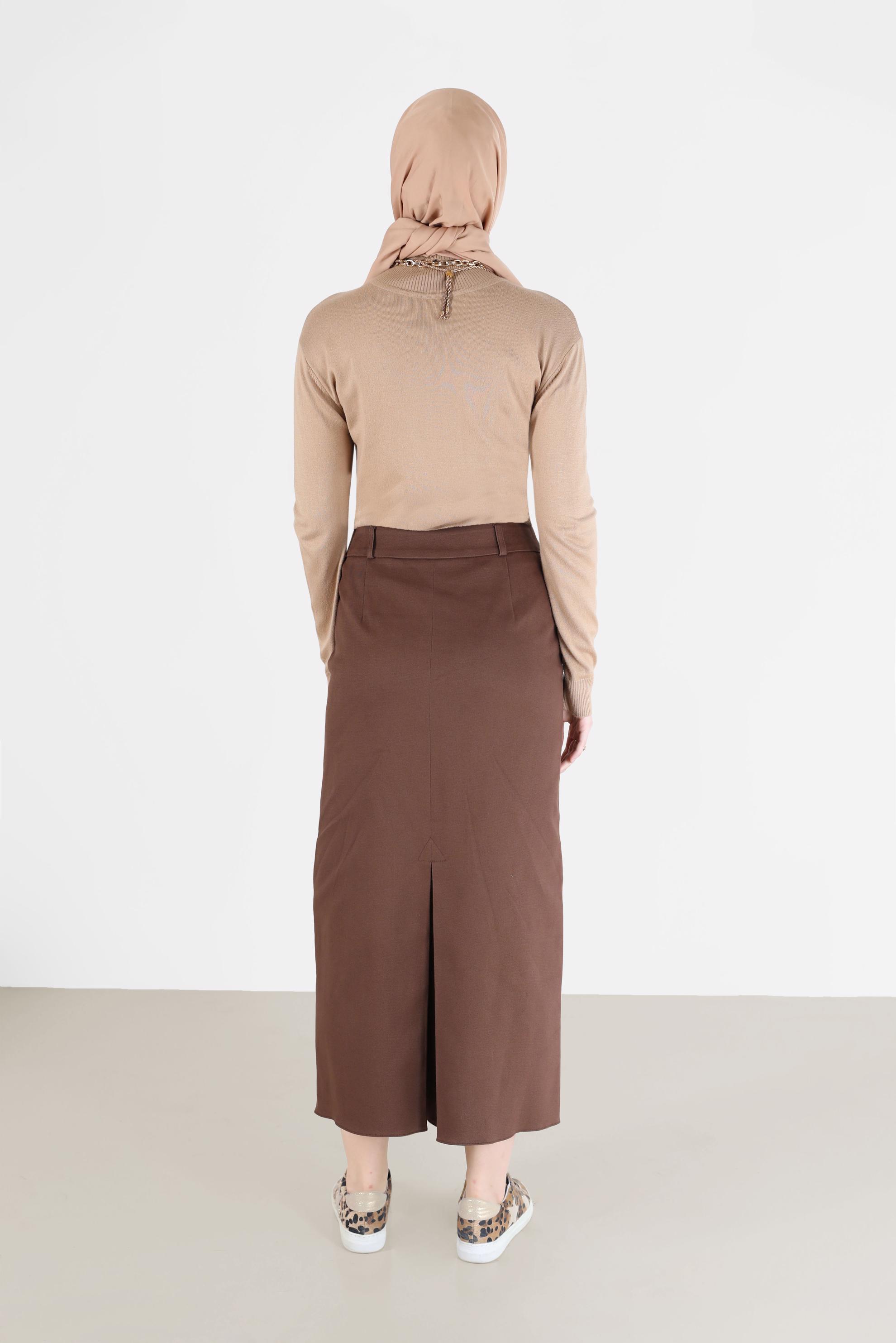 Tesettür giyim KAHVE FERMUARLI YIRTMAÇ DETAYLI KALEM ETEK 60224 