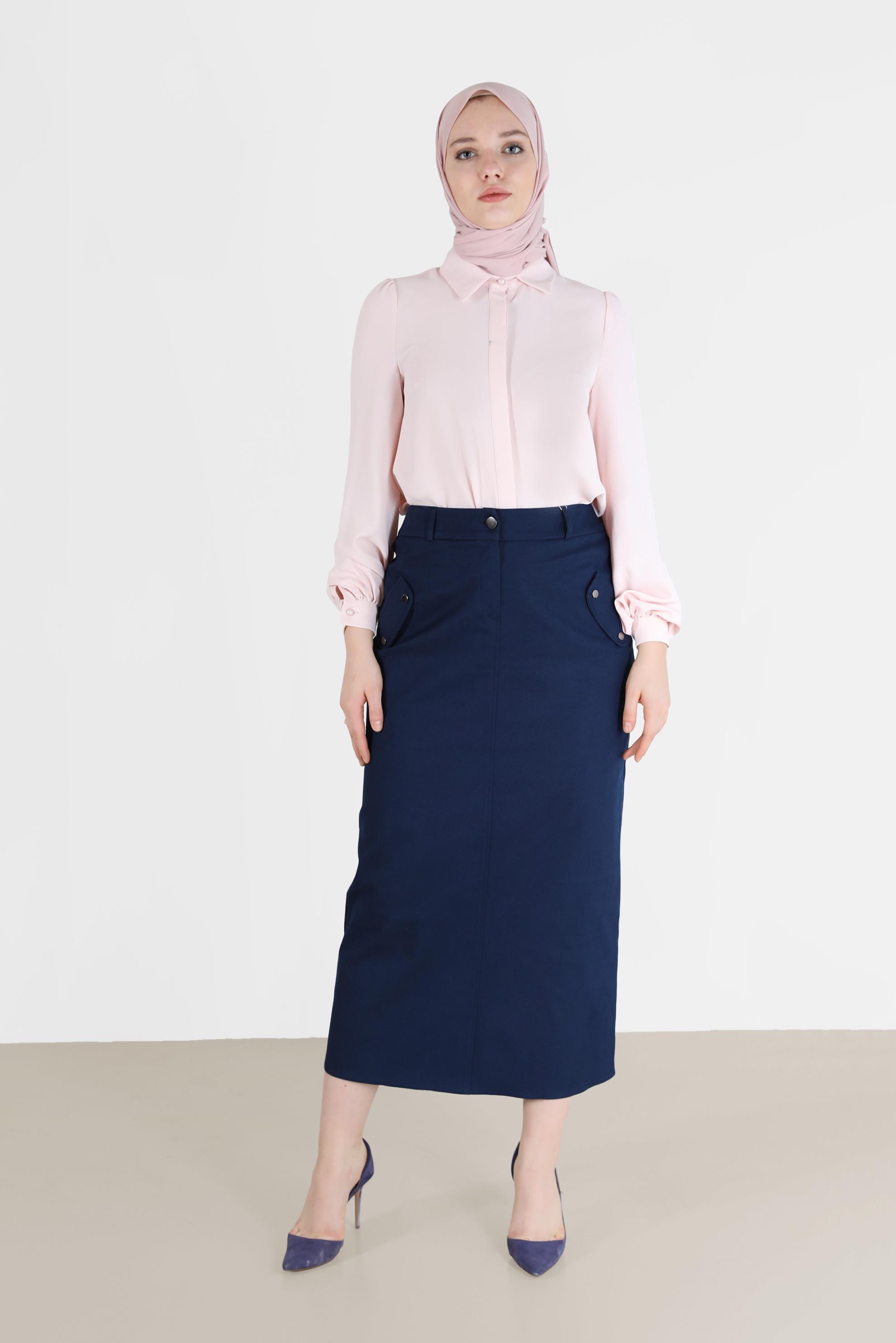 Tesettür giyim LACİVERT FERMUARLI YIRTMAÇ DETAYLI KALEM ETEK 60224 