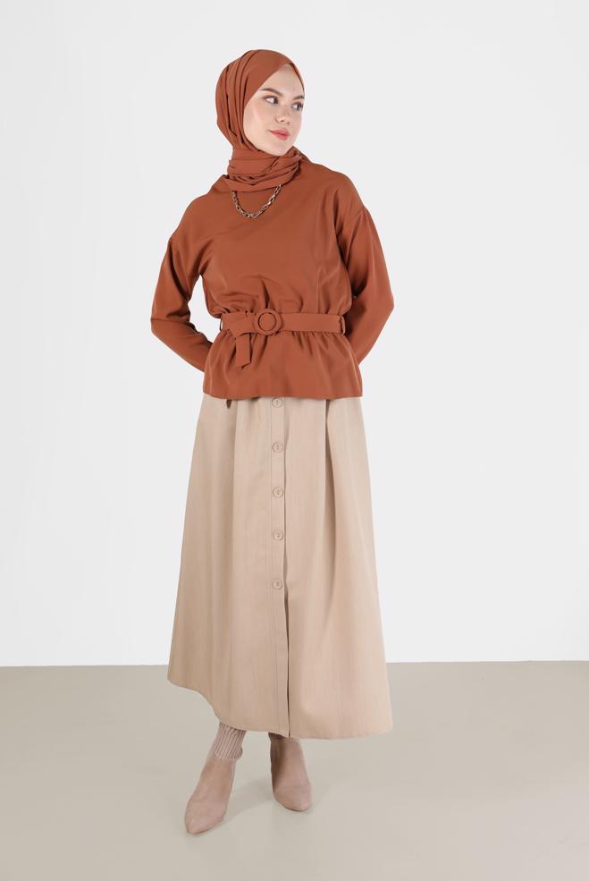 Tesettür giyim  DÜĞME DETAYLI GENİŞ KESİM ETEK 60225  - ALVİNA