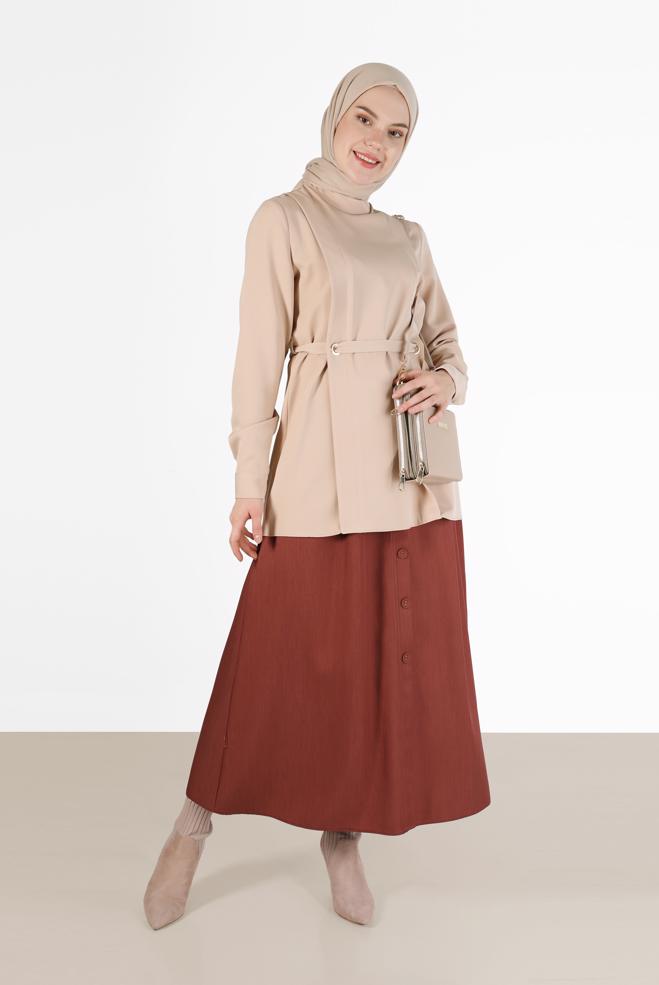 Tesettür giyim  DÜĞME DETAYLI GENİŞ KESİM ETEK 60225  - ALVİNA