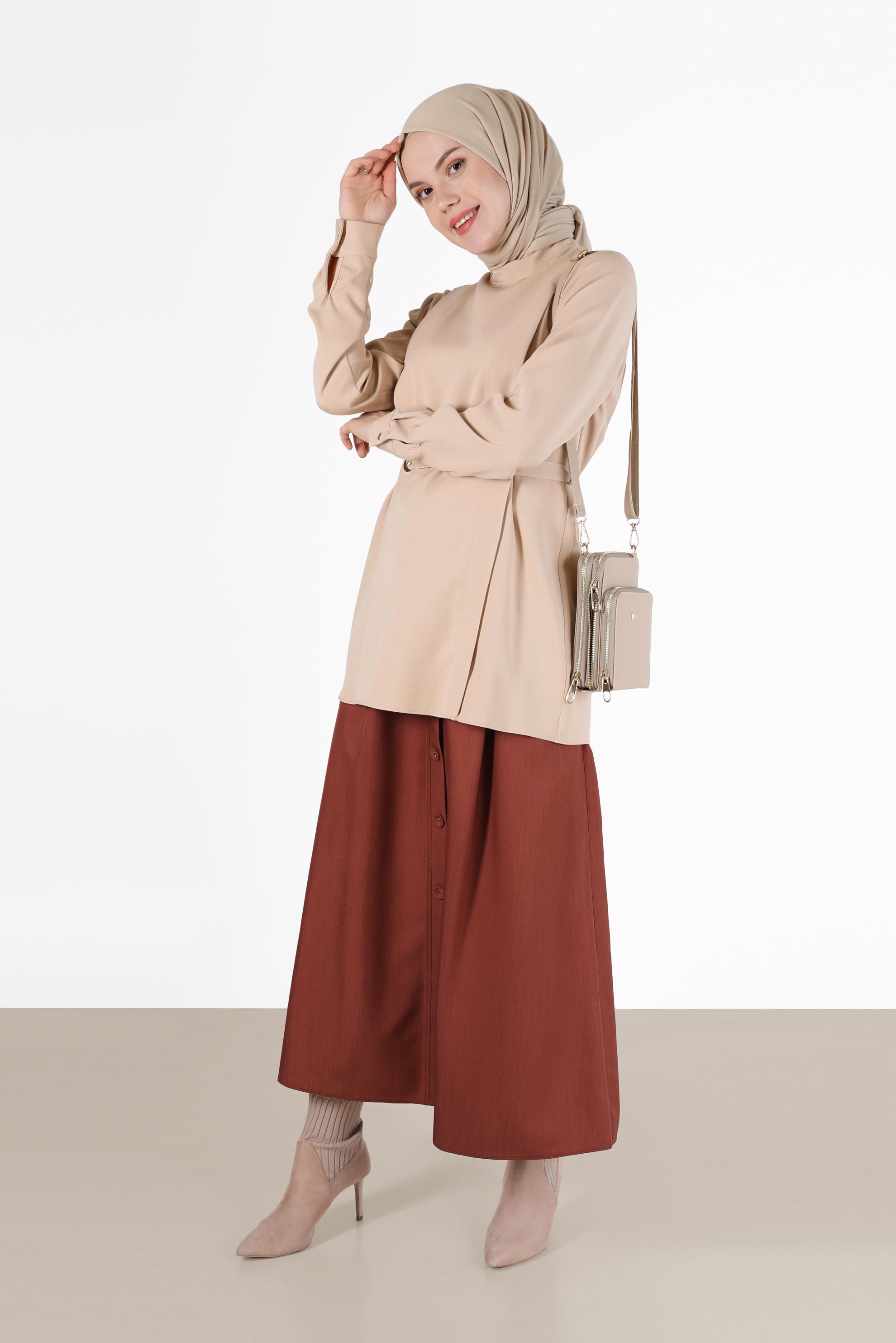 Tesettür giyim TURUNCU DÜĞME DETAYLI GENİŞ KESİM ETEK 60225 