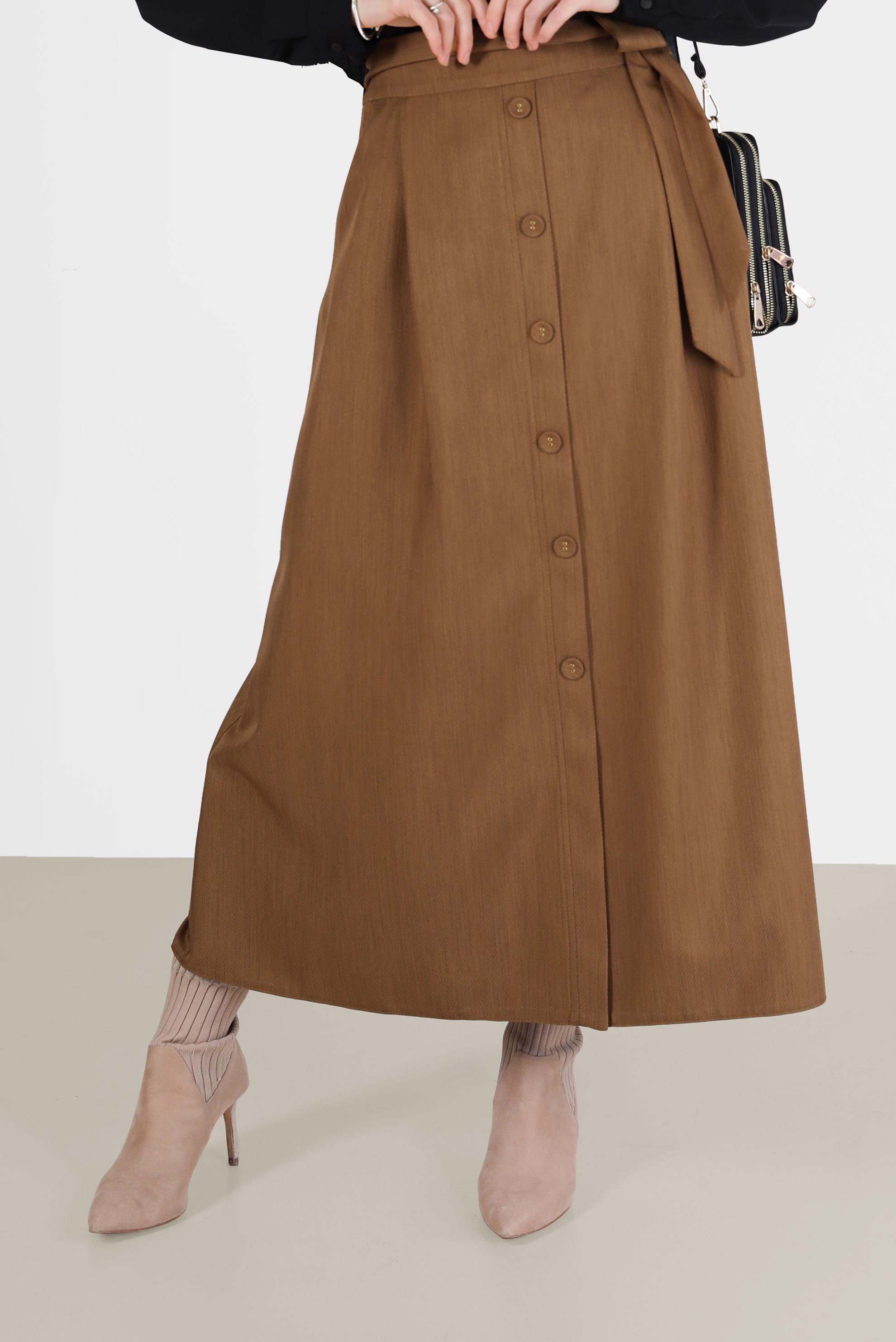 Tesettür giyim KAHVE DÜĞME DETAYLI GENİŞ KESİM ETEK 60225 