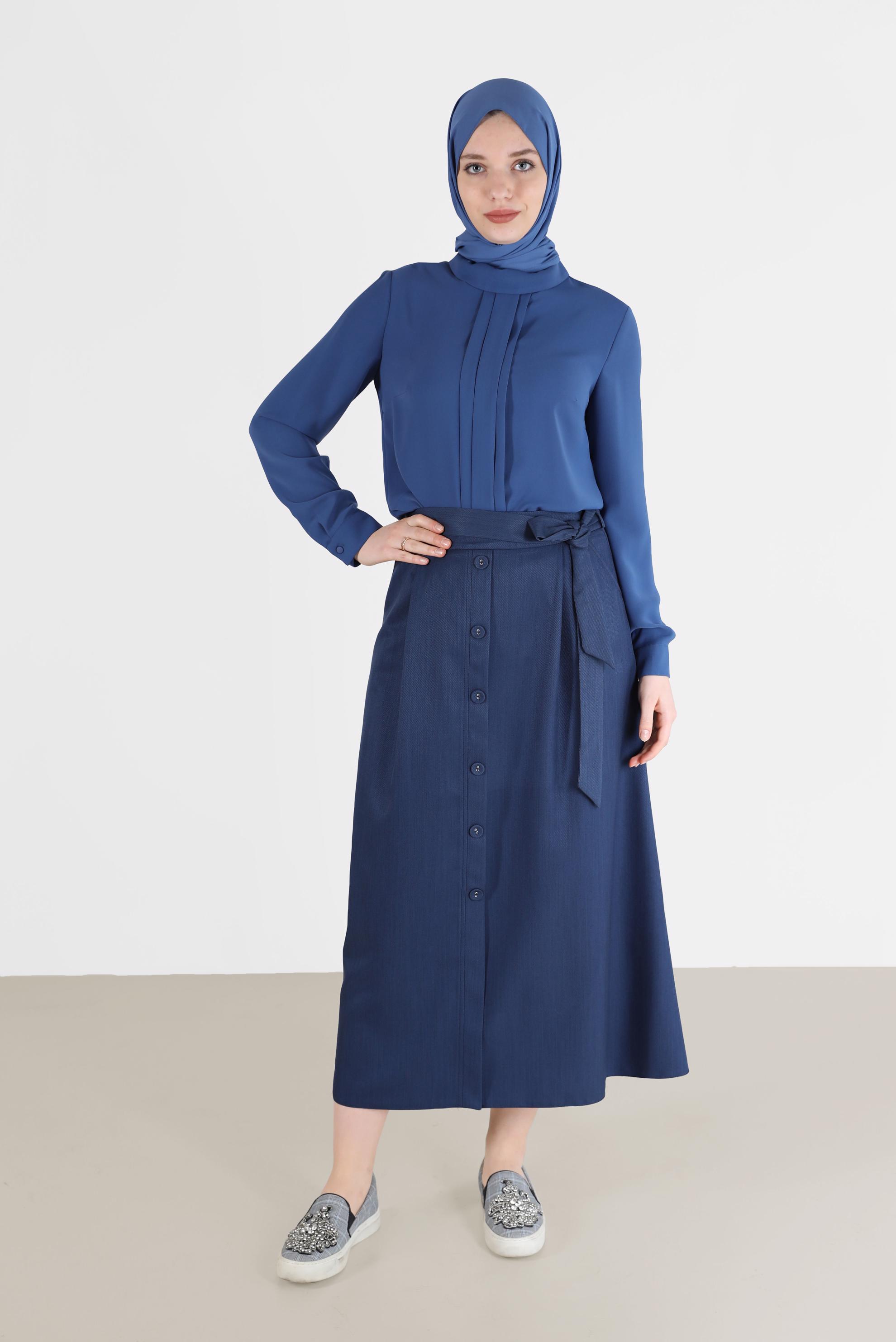 Tesettür giyim LACİVERT DÜĞME DETAYLI GENİŞ KESİM ETEK 60225 