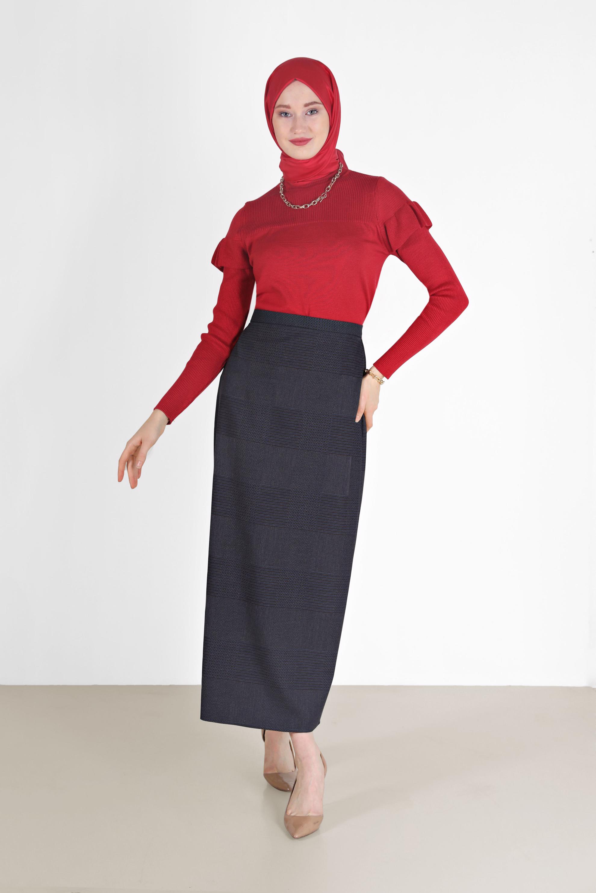 Tesettür giyim GRİ EKOSE DESENLİ KLASİK ETEK 60227 