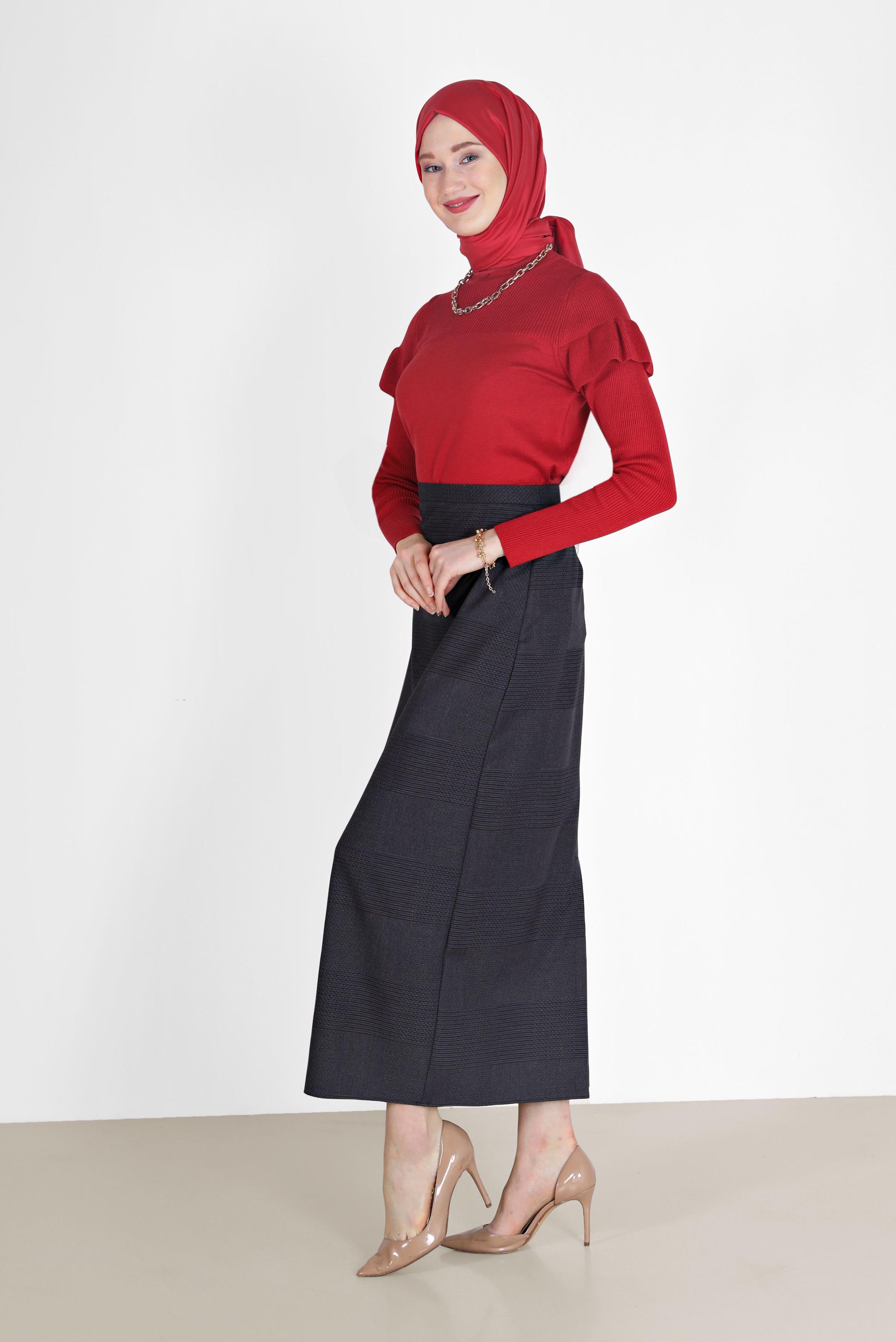 Tesettür giyim GRİ EKOSE DESENLİ KLASİK ETEK 60227 