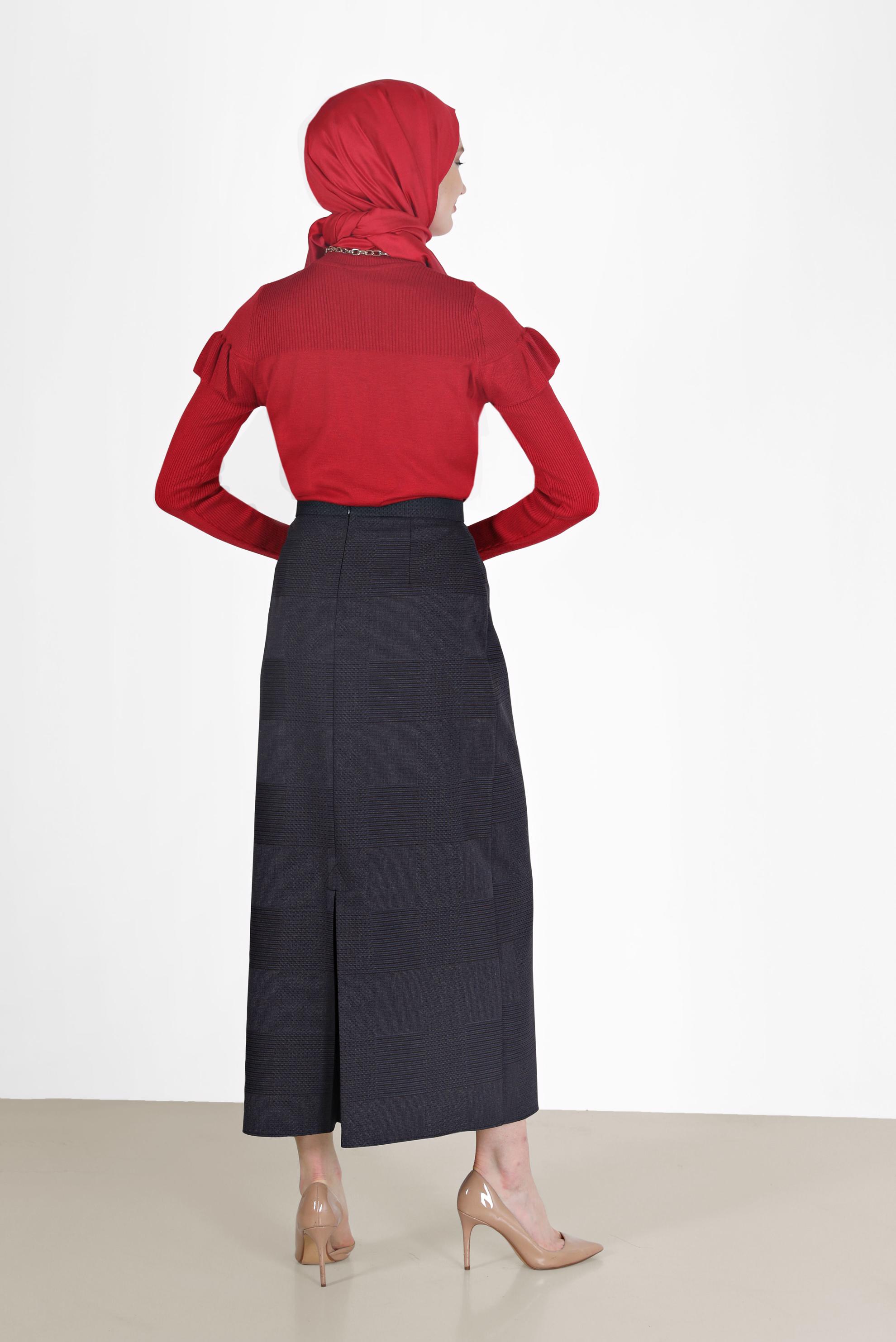 Tesettür giyim GRİ EKOSE DESENLİ KLASİK ETEK 60227 