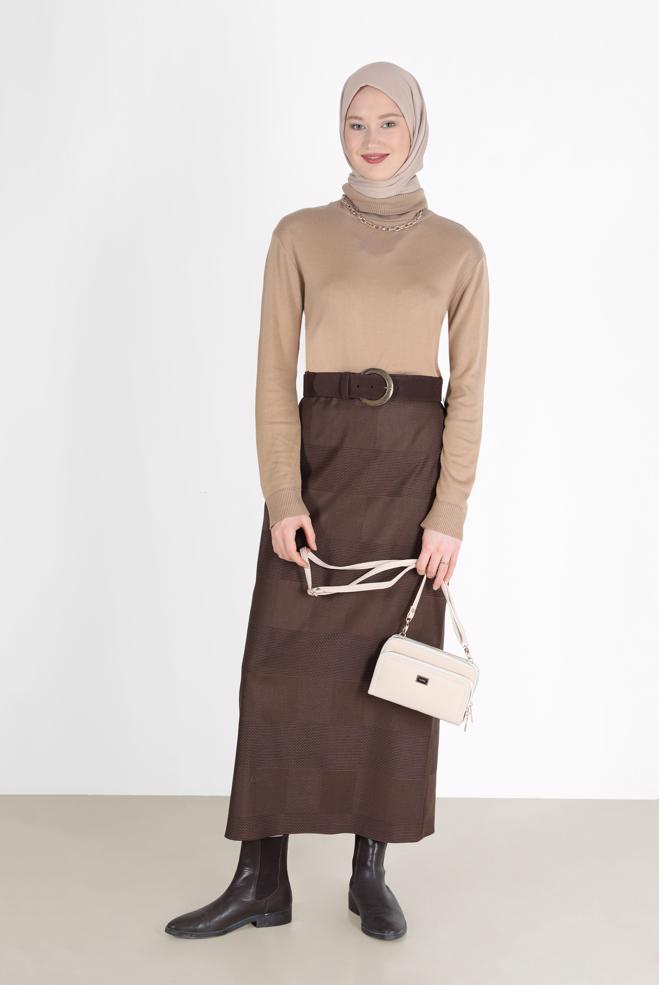 Tesettür giyim KAHVE EKOSE DESENLİ KLASİK ETEK 60227  - ALVİNA