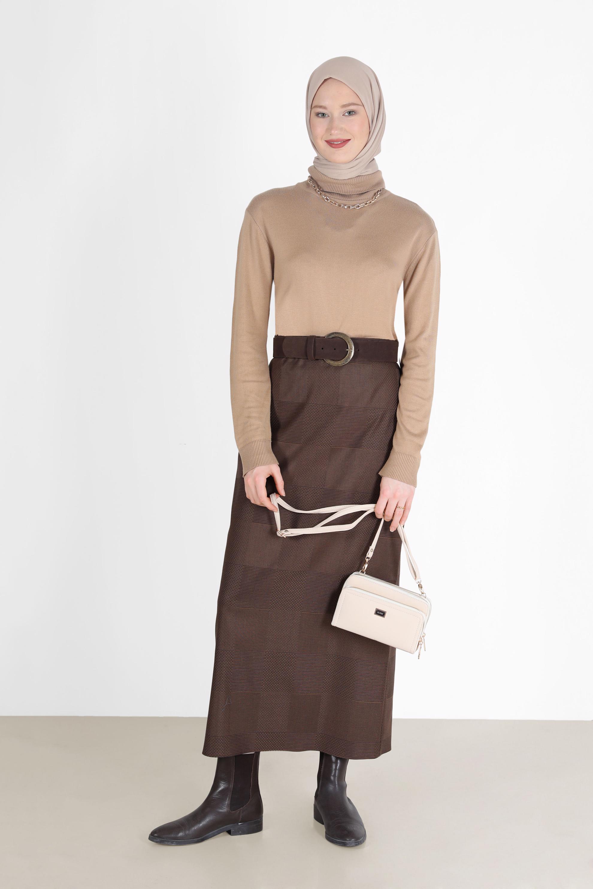 Tesettür giyim KAHVE EKOSE DESENLİ KLASİK ETEK 60227 