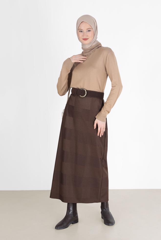 Tesettür giyim KAHVE EKOSE DESENLİ KLASİK ETEK 60227  - ALVİNA