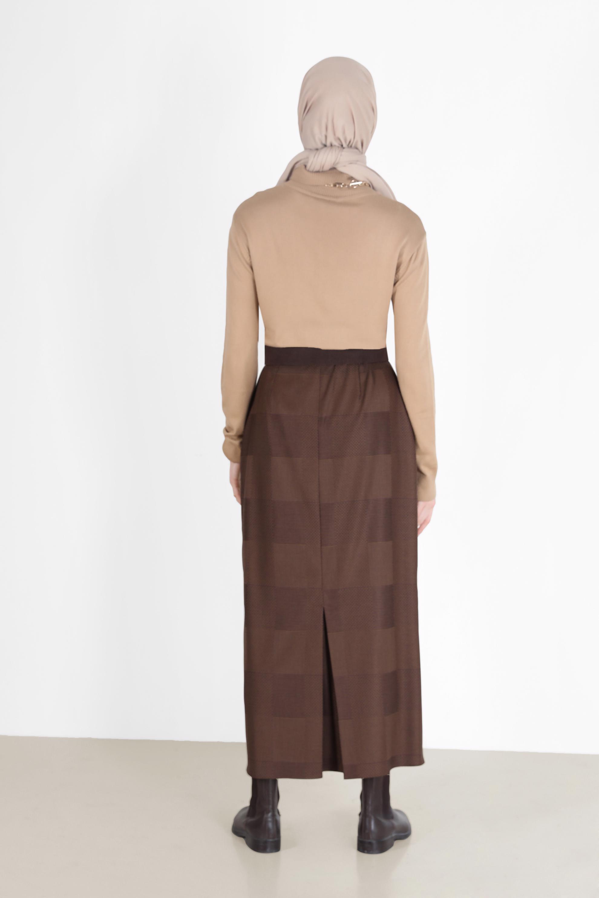 Tesettür giyim KAHVE EKOSE DESENLİ KLASİK ETEK 60227 