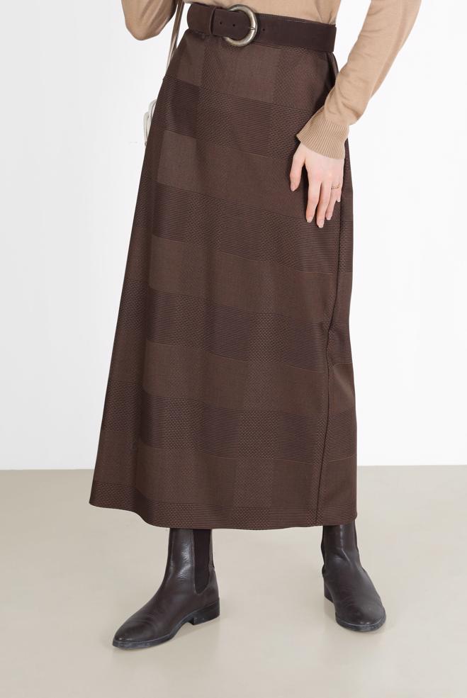 Tesettür giyim KAHVE EKOSE DESENLİ KLASİK ETEK 60227  - ALVİNA