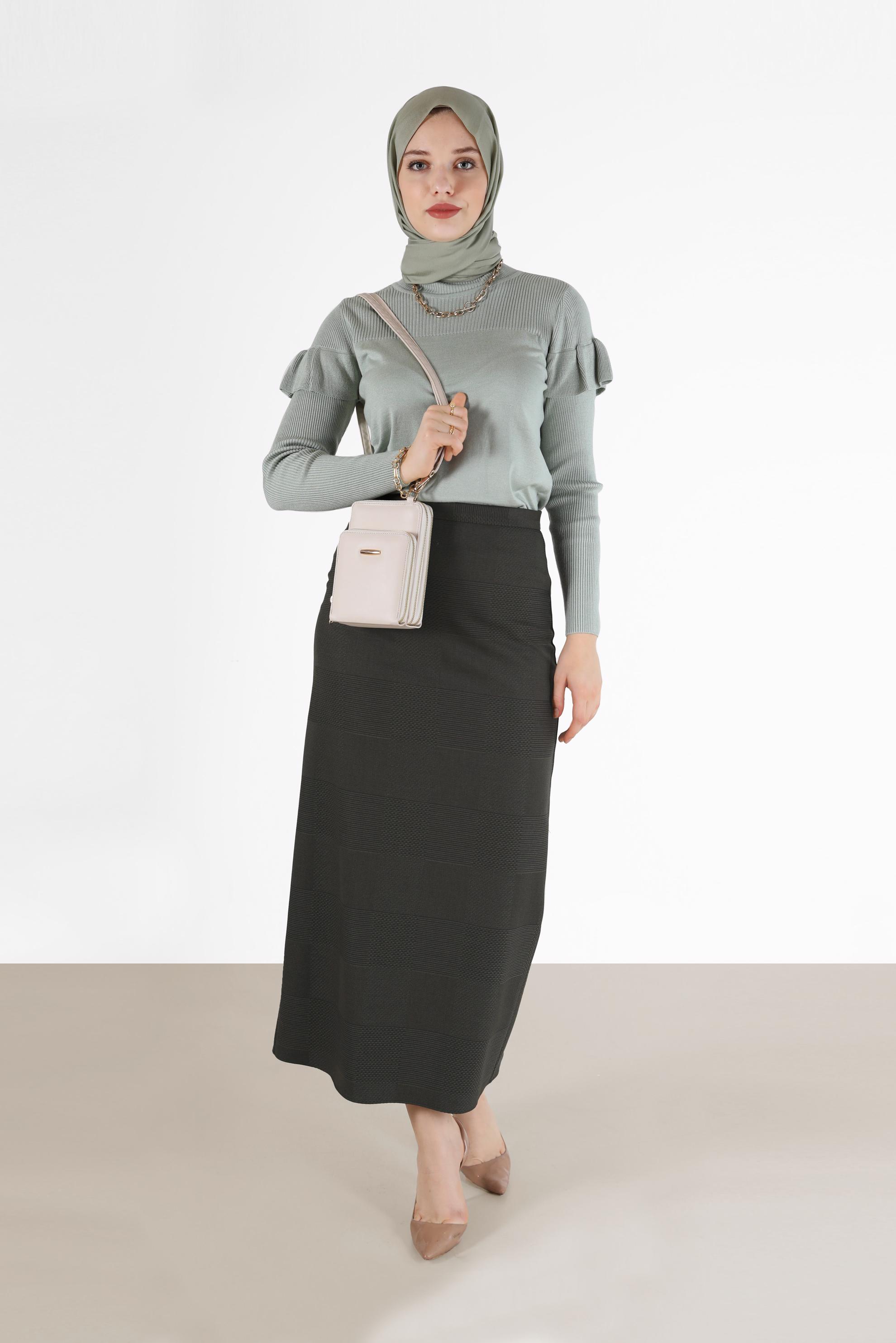 Tesettür giyim VİZON EKOSE DESENLİ KLASİK ETEK 60227 