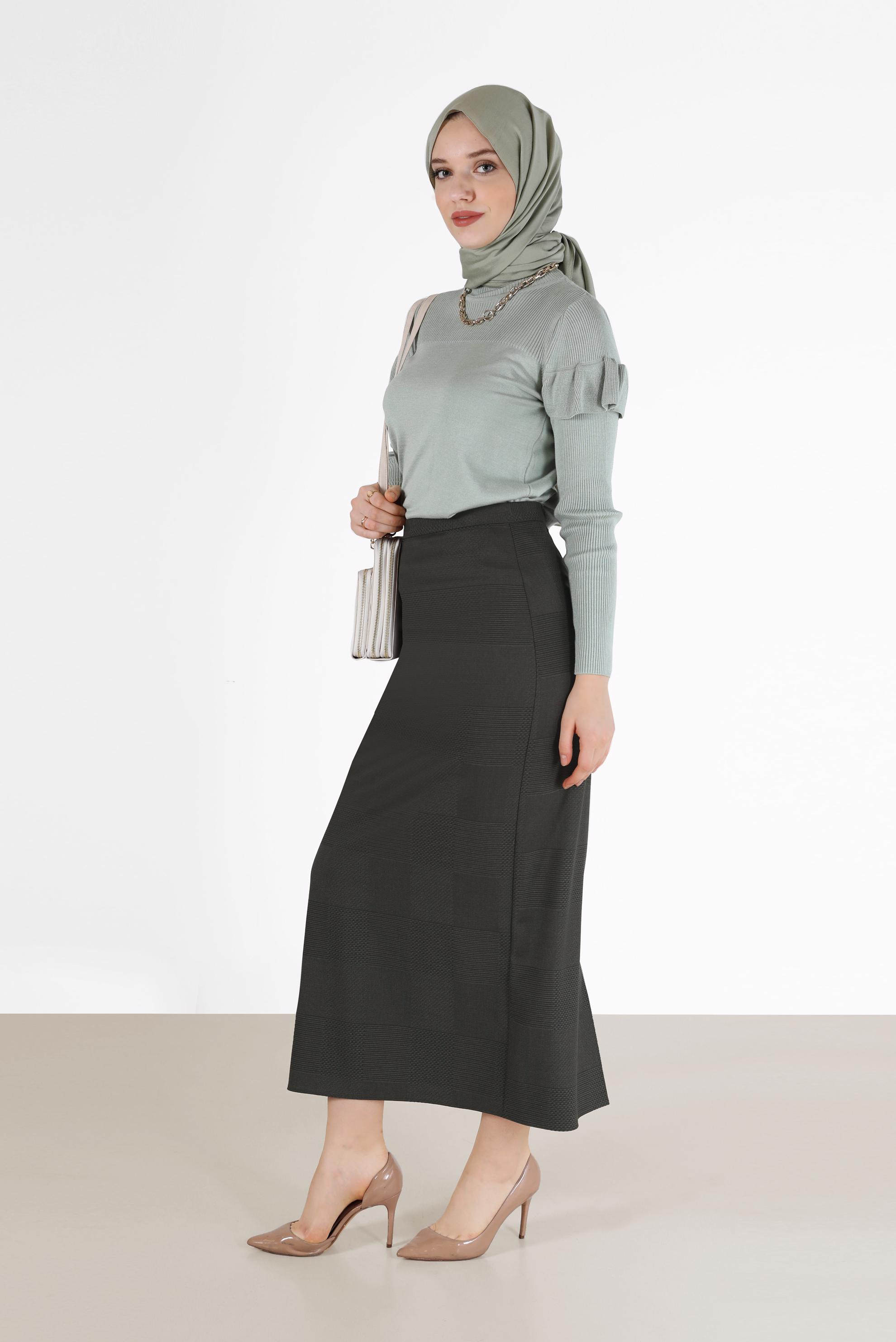 Tesettür giyim VİZON EKOSE DESENLİ KLASİK ETEK 60227 