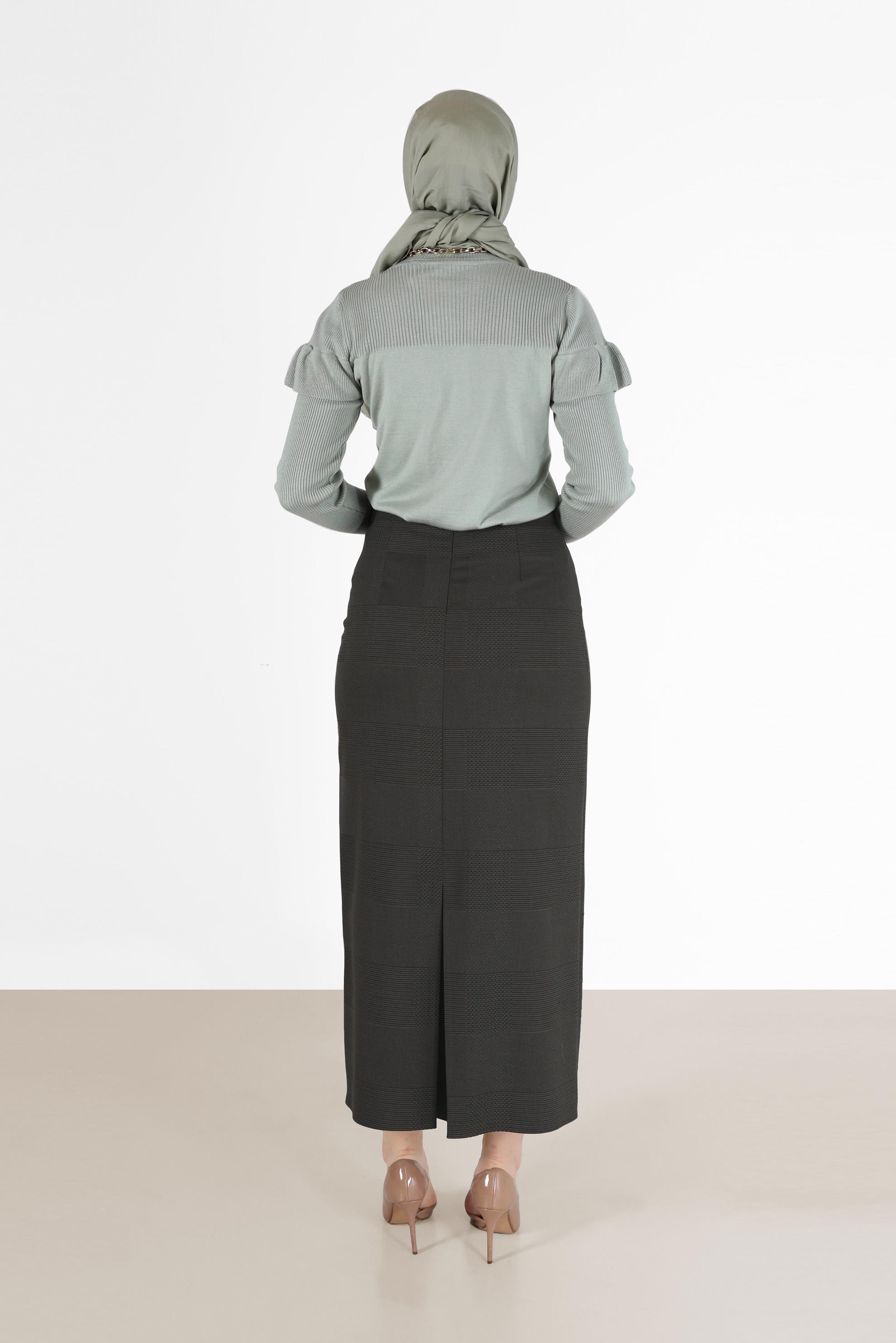 Tesettür giyim VİZON EKOSE DESENLİ KLASİK ETEK 60227 