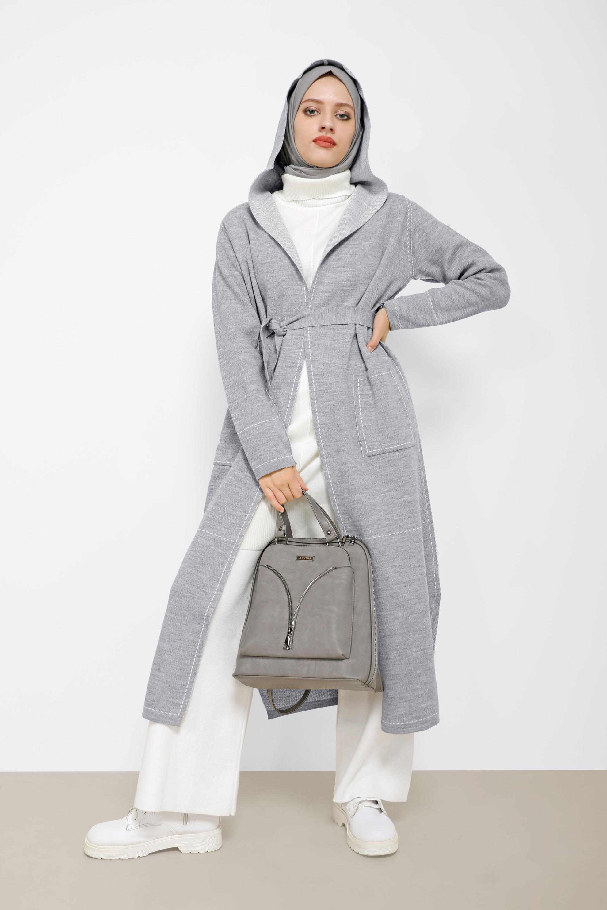 Hijab clothing GREY STITCH DETAIL HOODED KNITWEAR CARDIGAN 42062 
