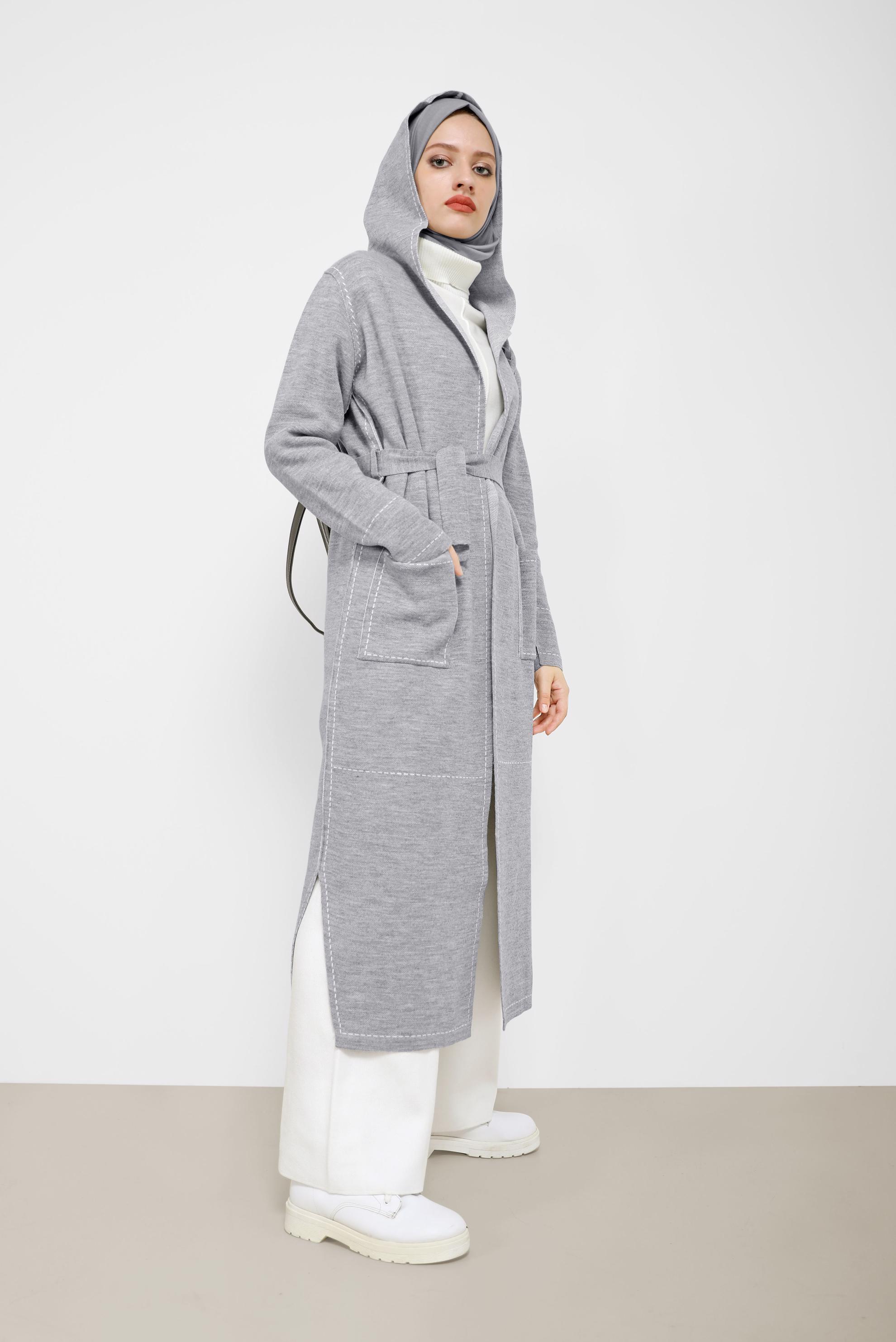 Hijab clothing GREY STITCH DETAIL HOODED KNITWEAR CARDIGAN 42062 