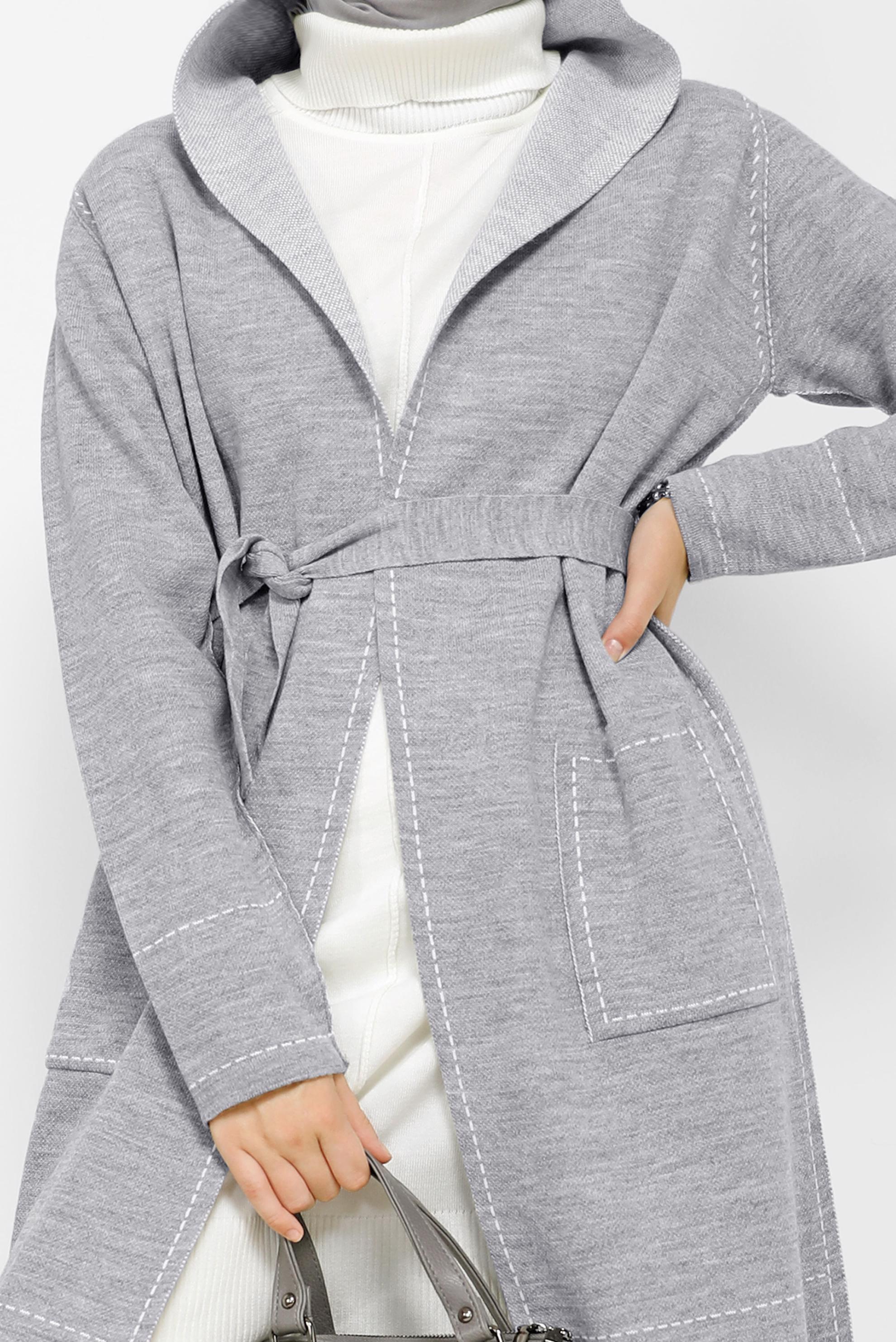 Hijab clothing GREY STITCH DETAIL HOODED KNITWEAR CARDIGAN 42062 