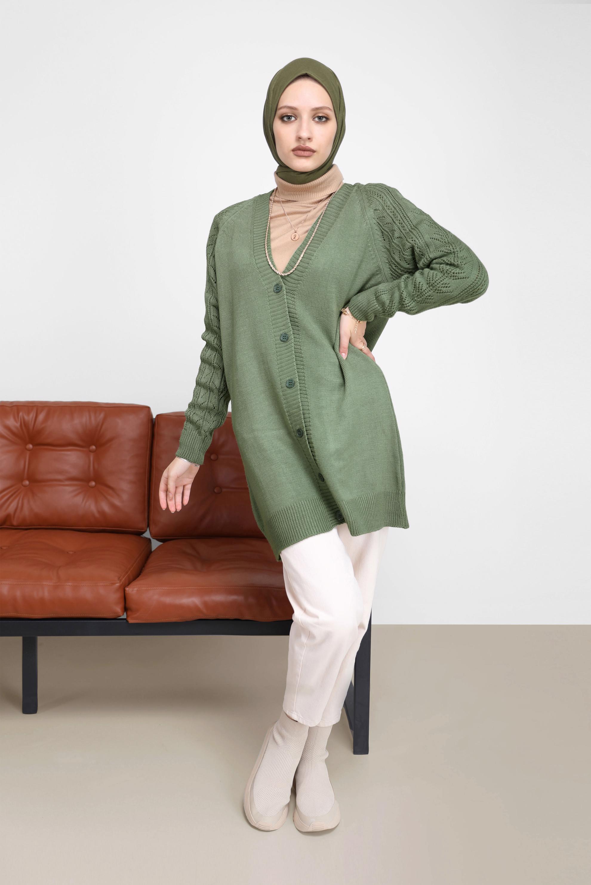 Tesettür giyim YEŞİL DÜĞMELİ TRİKO HIRKA 42064 