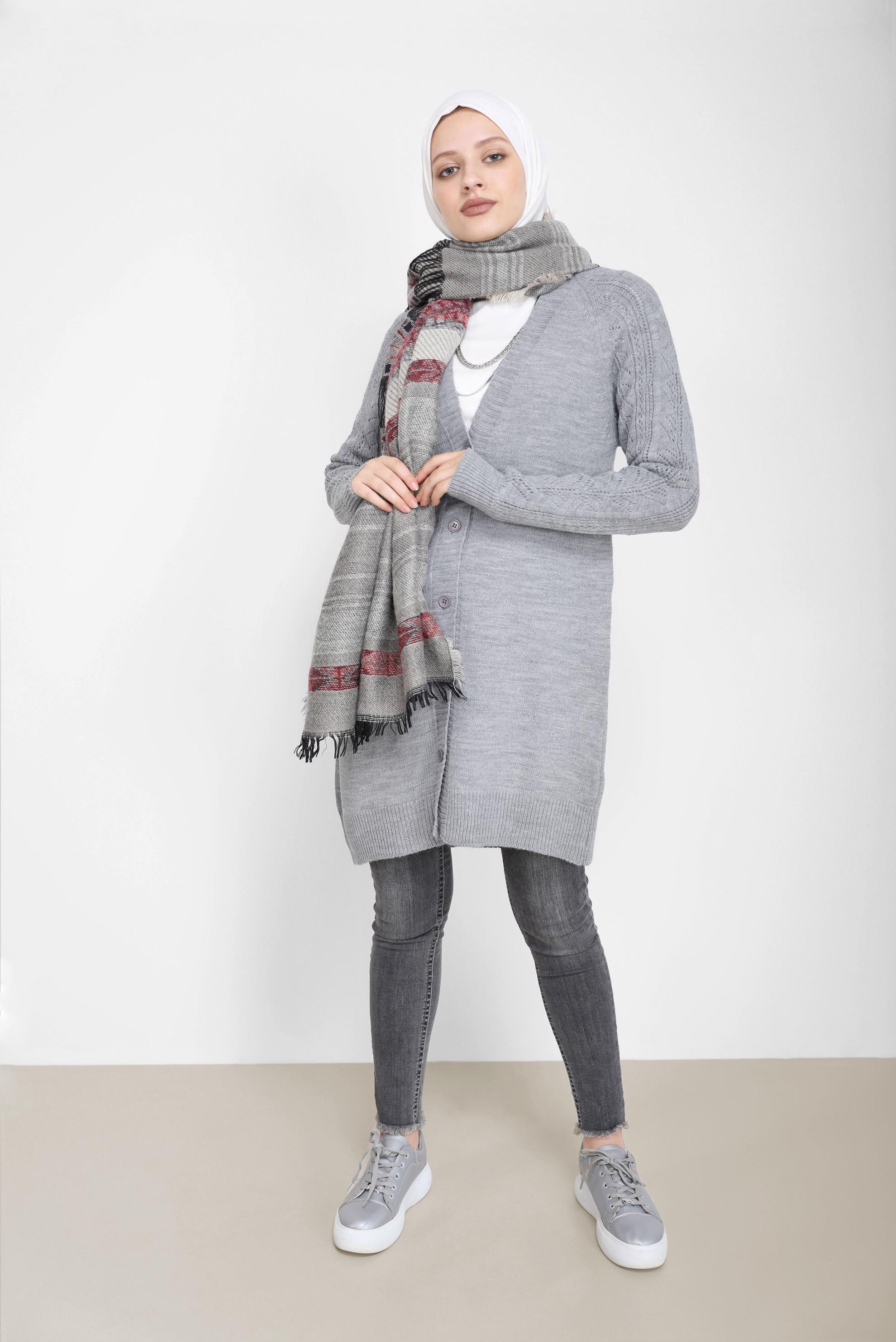 Tesettür giyim GRİ DÜĞMELİ TRİKO HIRKA 42064 