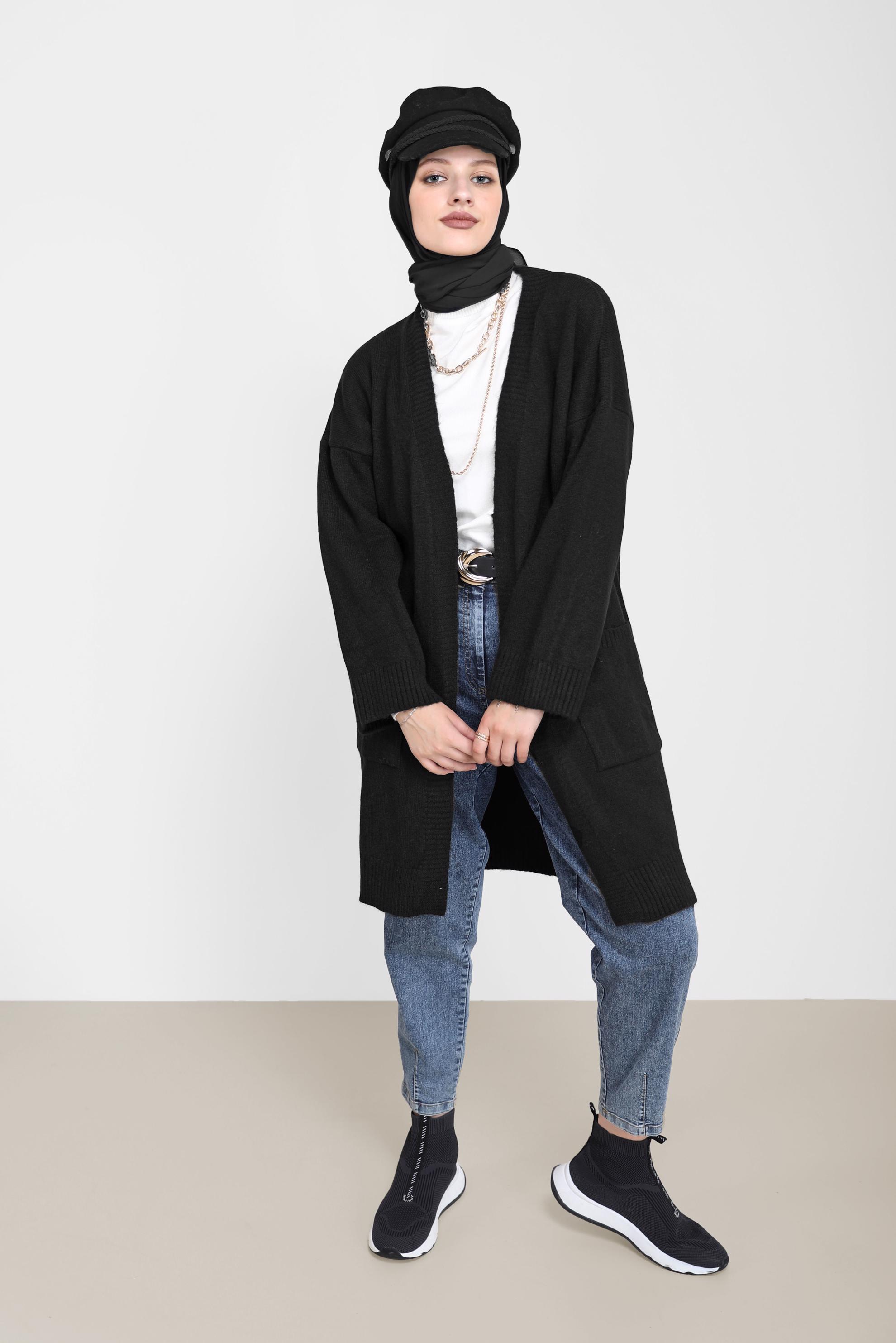 Tesettür giyim SİYAH CEP DETAYLI BASIC TRİKO HIRKA 42065 