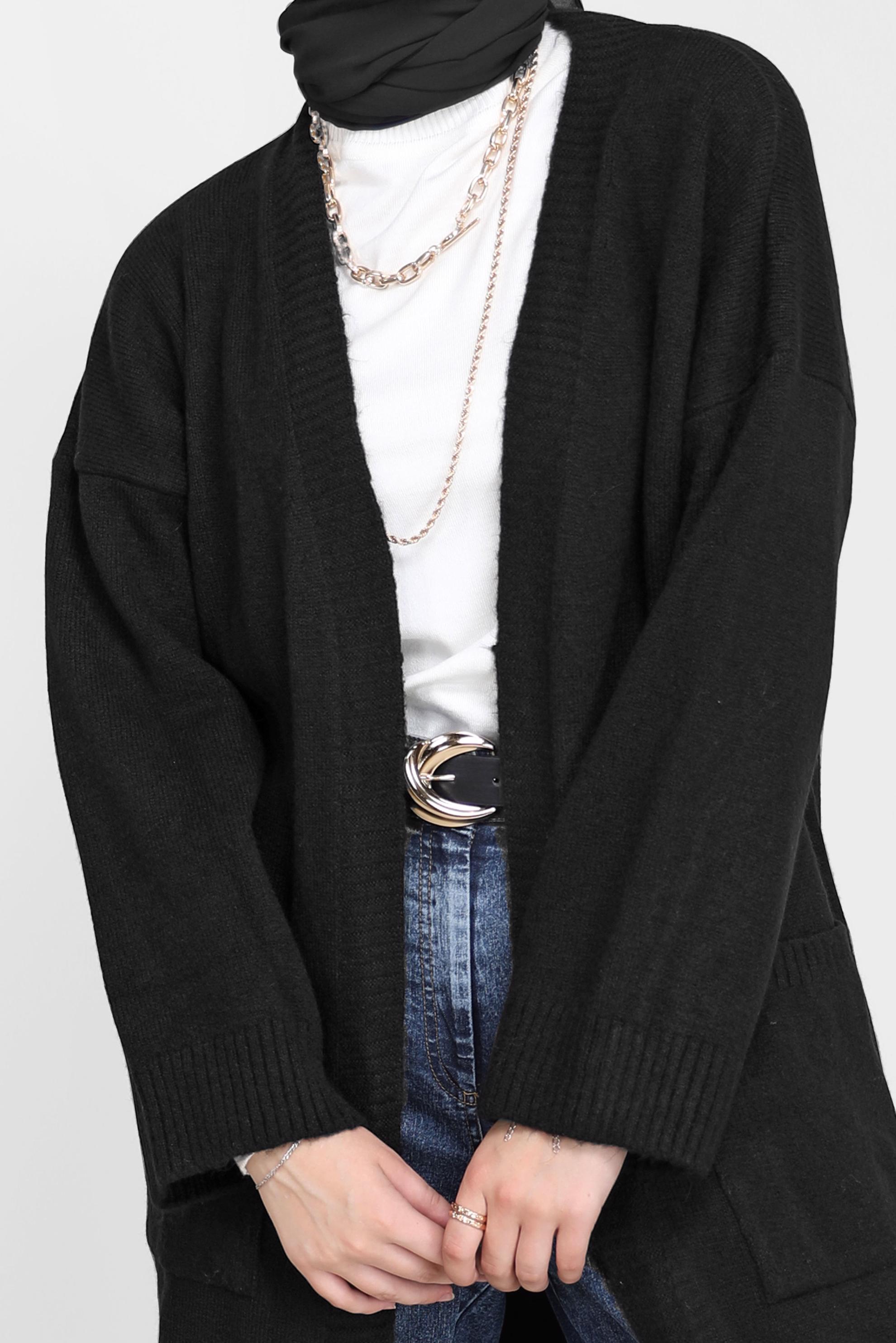 Tesettür giyim SİYAH CEP DETAYLI BASIC TRİKO HIRKA 42065 