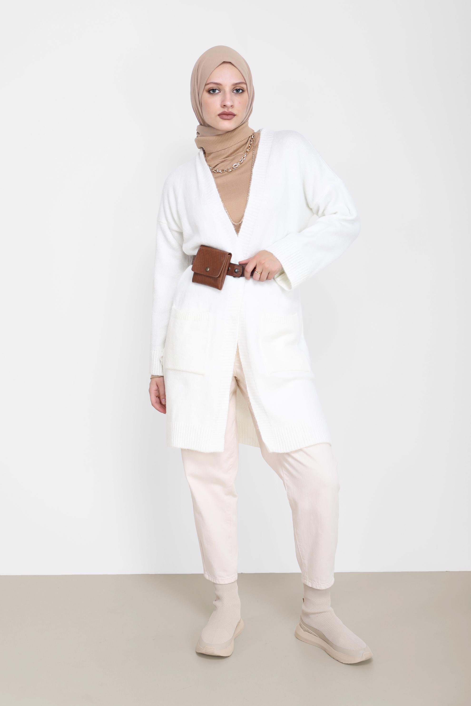 Tesettür giyim BEYAZ CEP DETAYLI BASIC TRİKO HIRKA 42065 