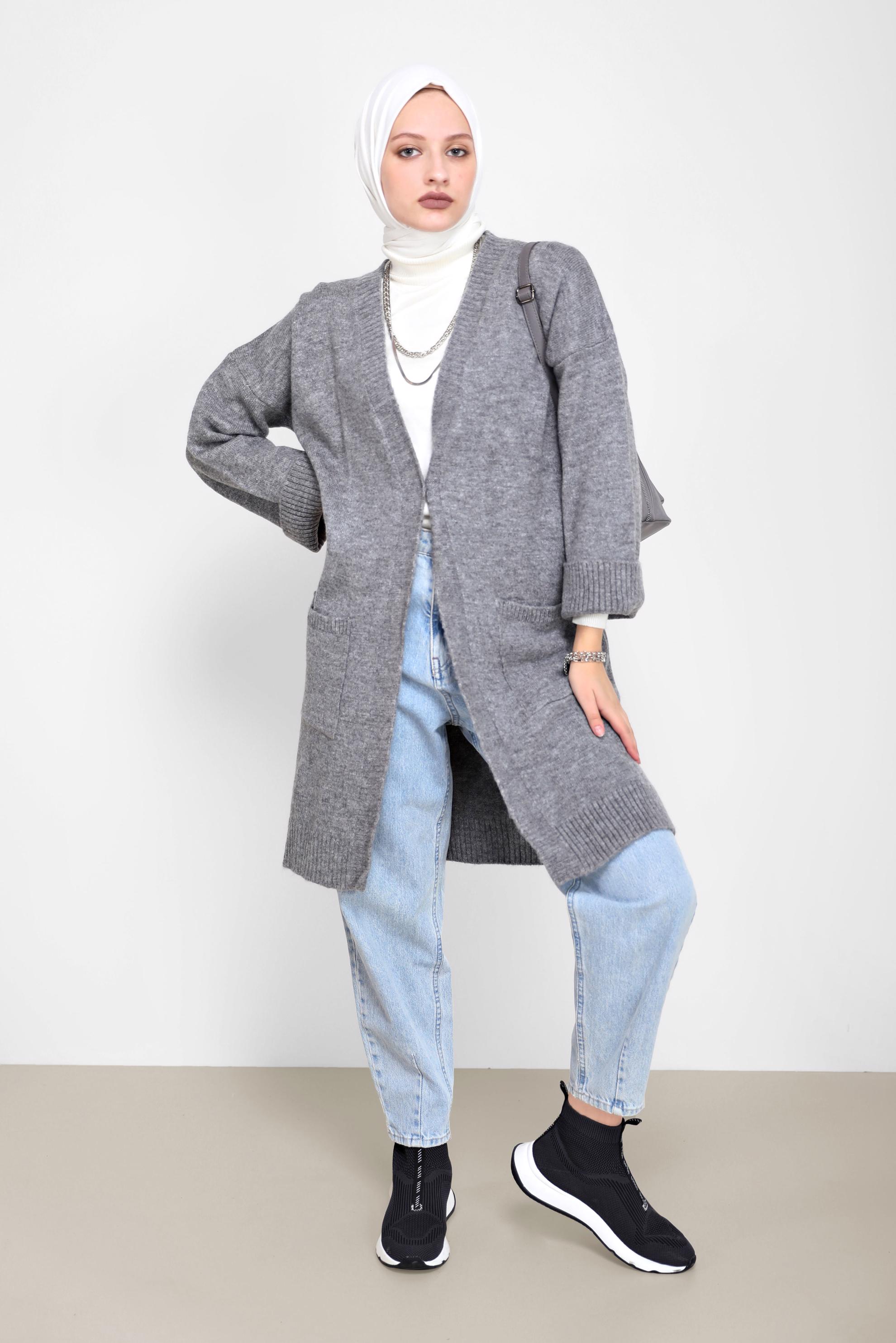 Tesettür giyim GRİ CEP DETAYLI BASIC TRİKO HIRKA 42065 