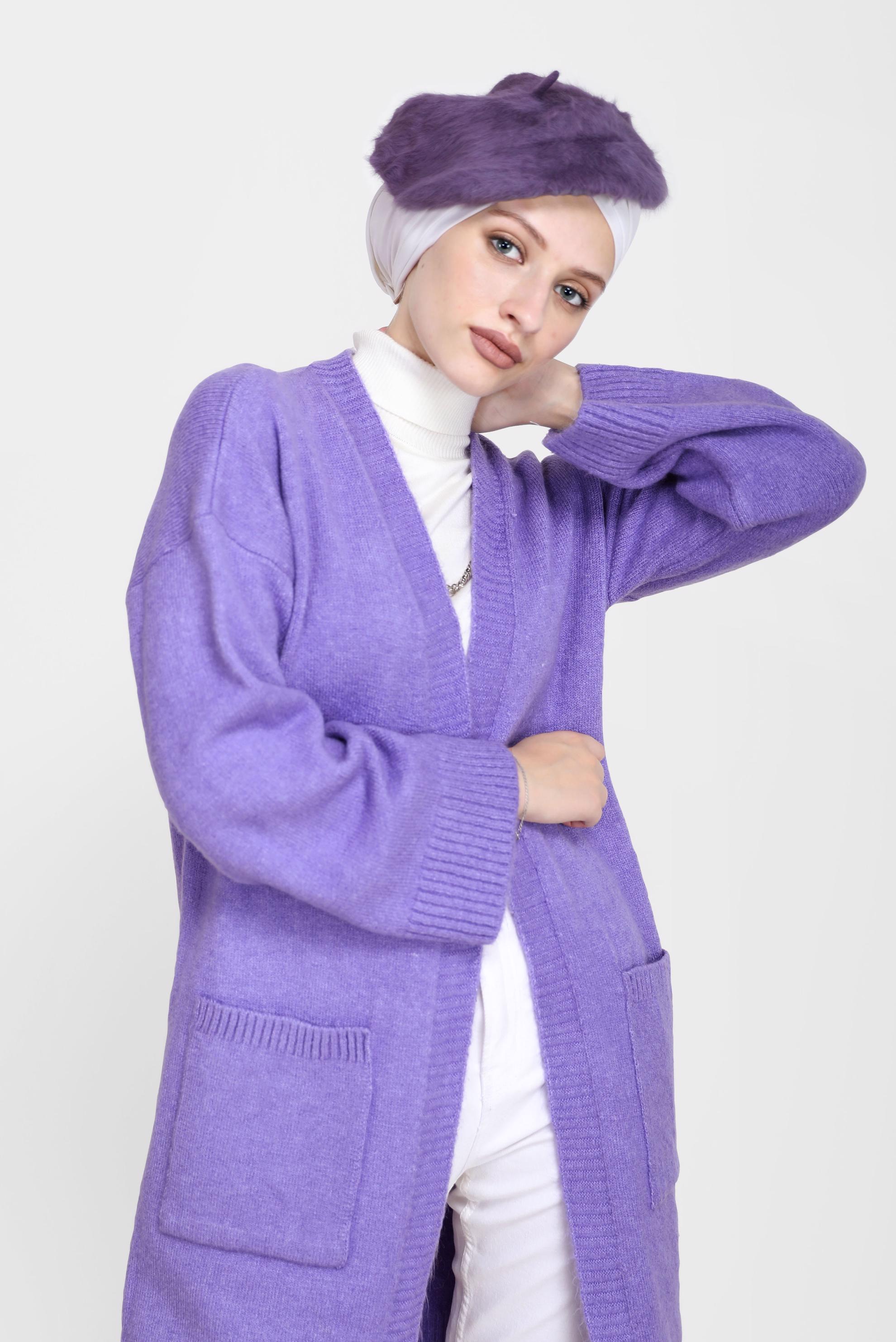 Tesettür giyim MOR CEP DETAYLI BASIC TRİKO HIRKA 42065 