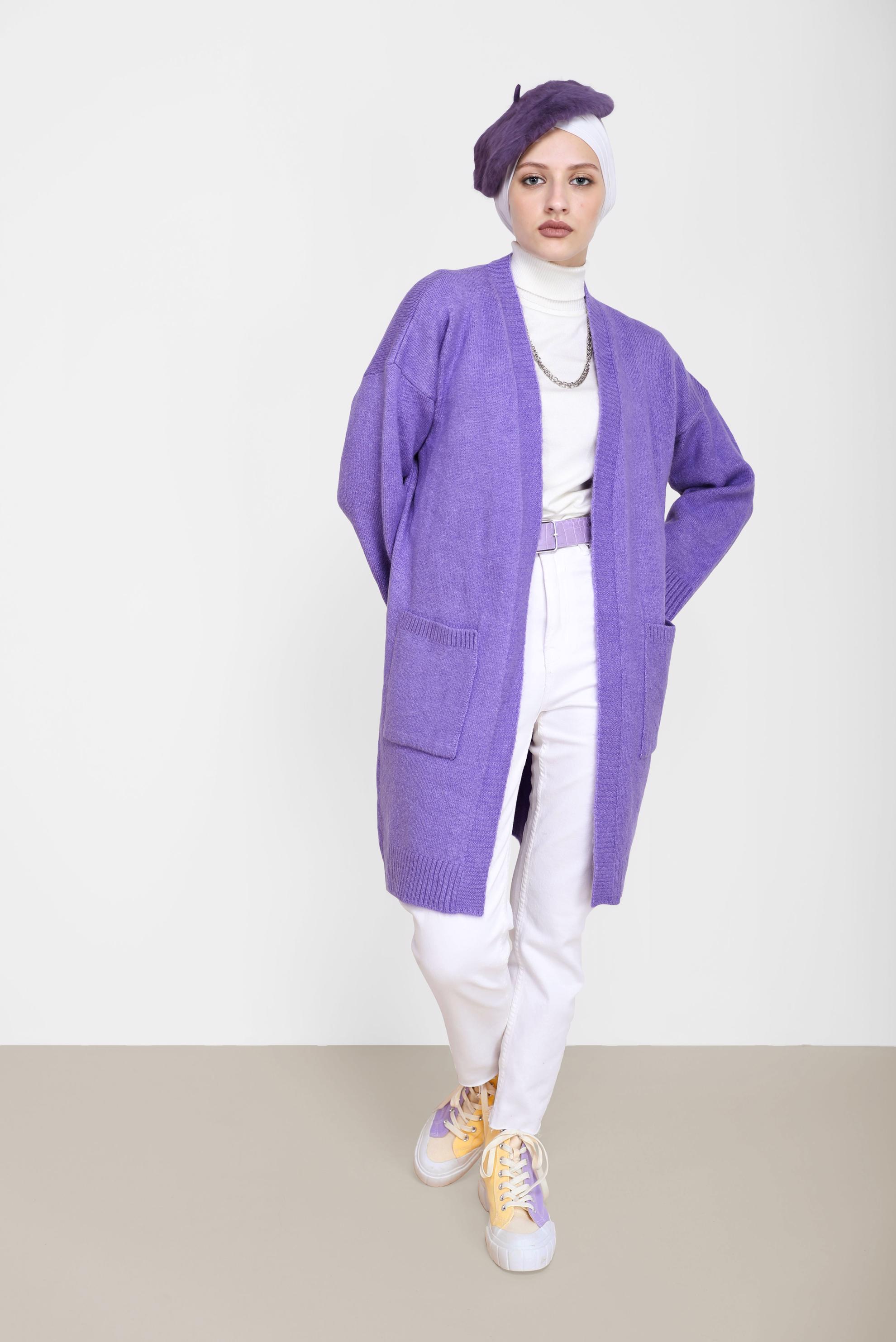 Tesettür giyim MOR CEP DETAYLI BASIC TRİKO HIRKA 42065 