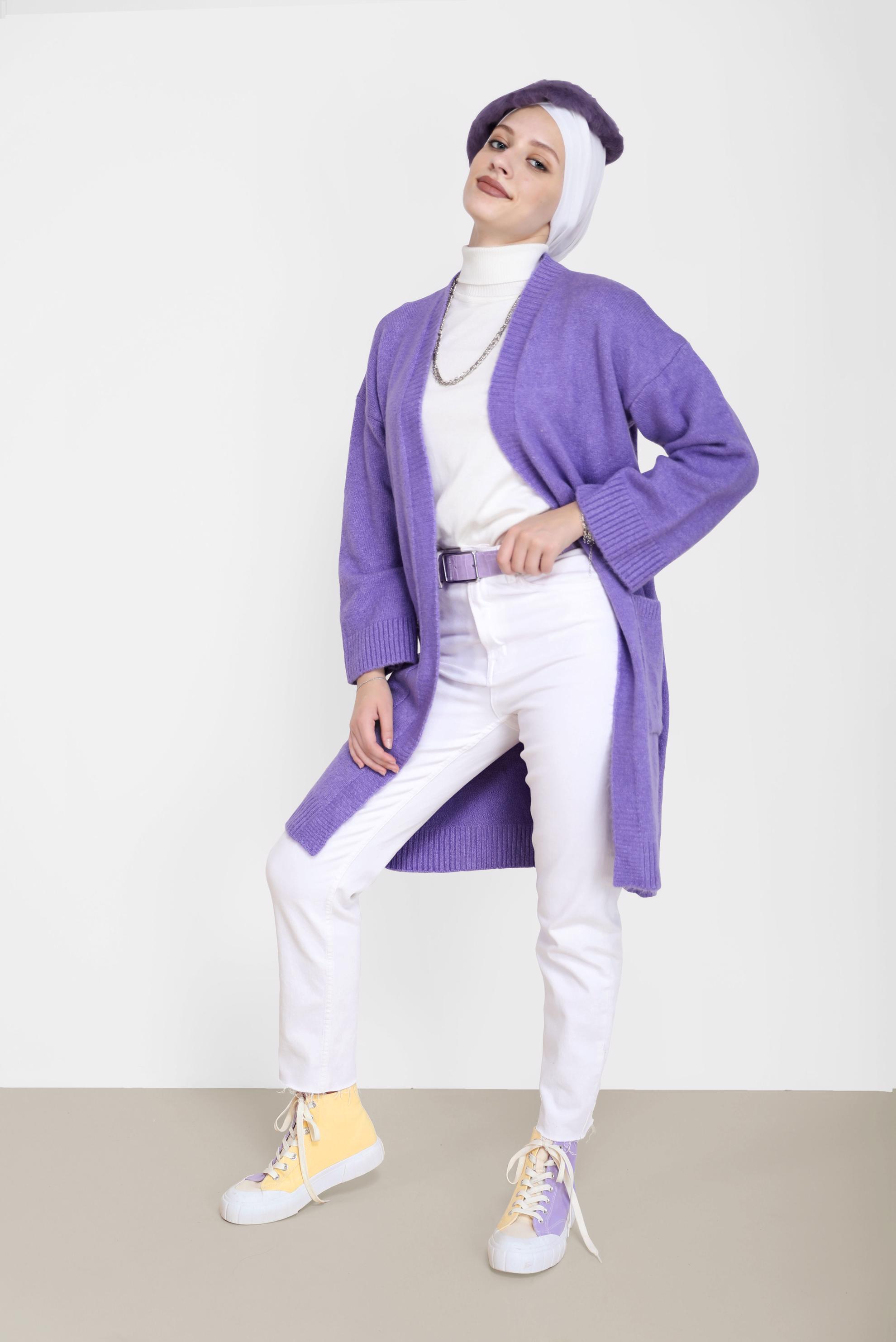 Tesettür giyim MOR CEP DETAYLI BASIC TRİKO HIRKA 42065 