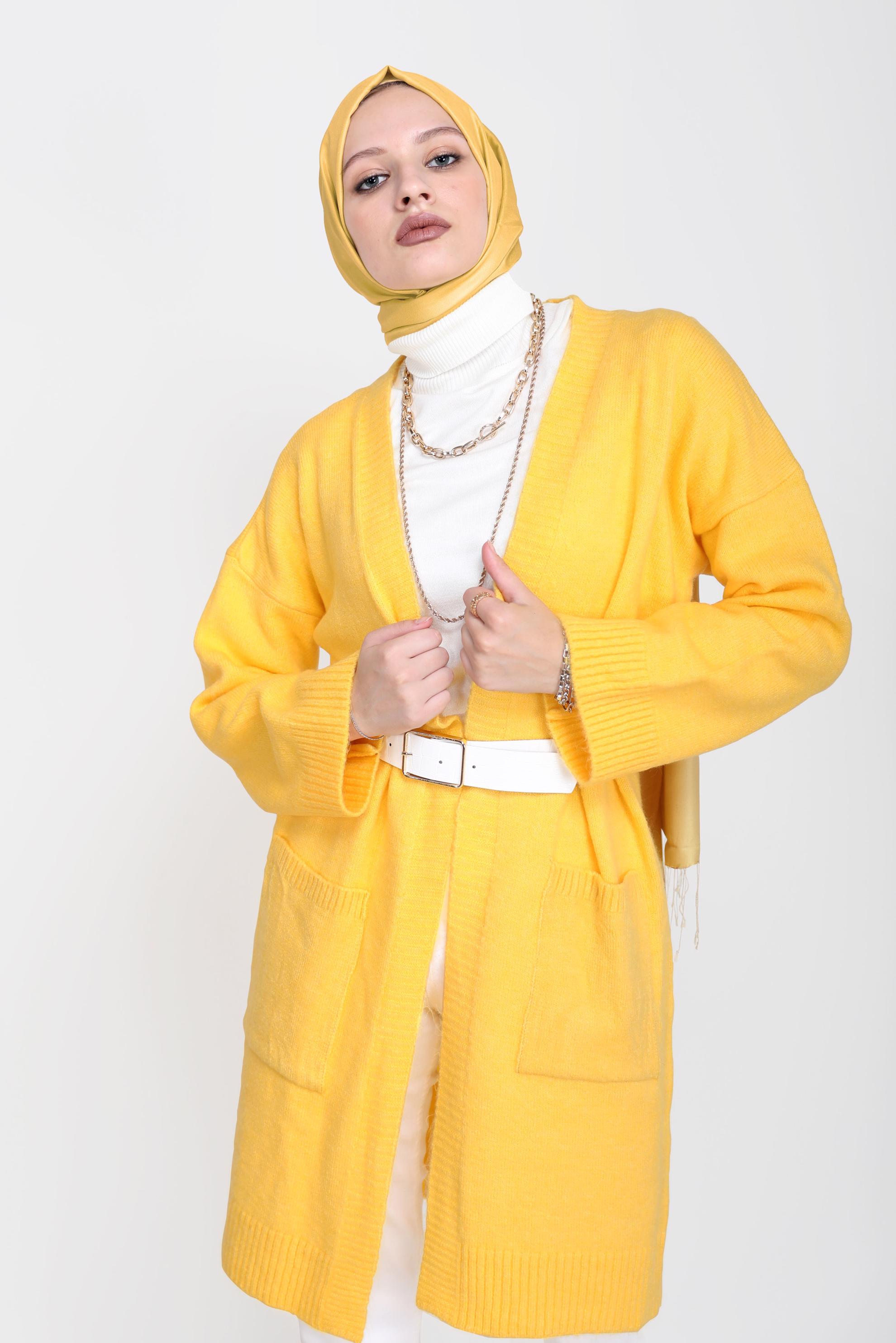 Tesettür giyim SARI CEP DETAYLI BASIC TRİKO HIRKA 42065 