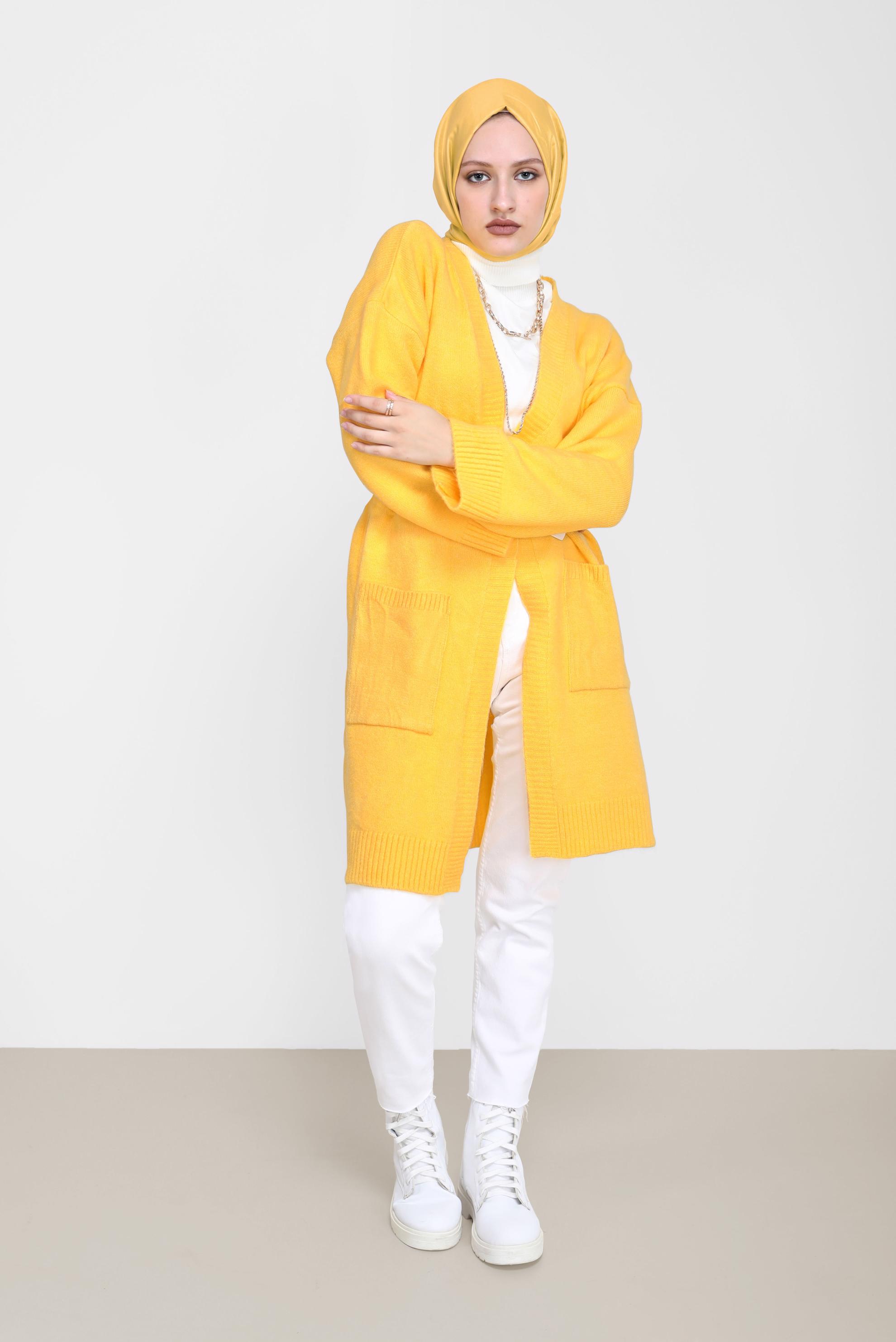 Tesettür giyim SARI CEP DETAYLI BASIC TRİKO HIRKA 42065 