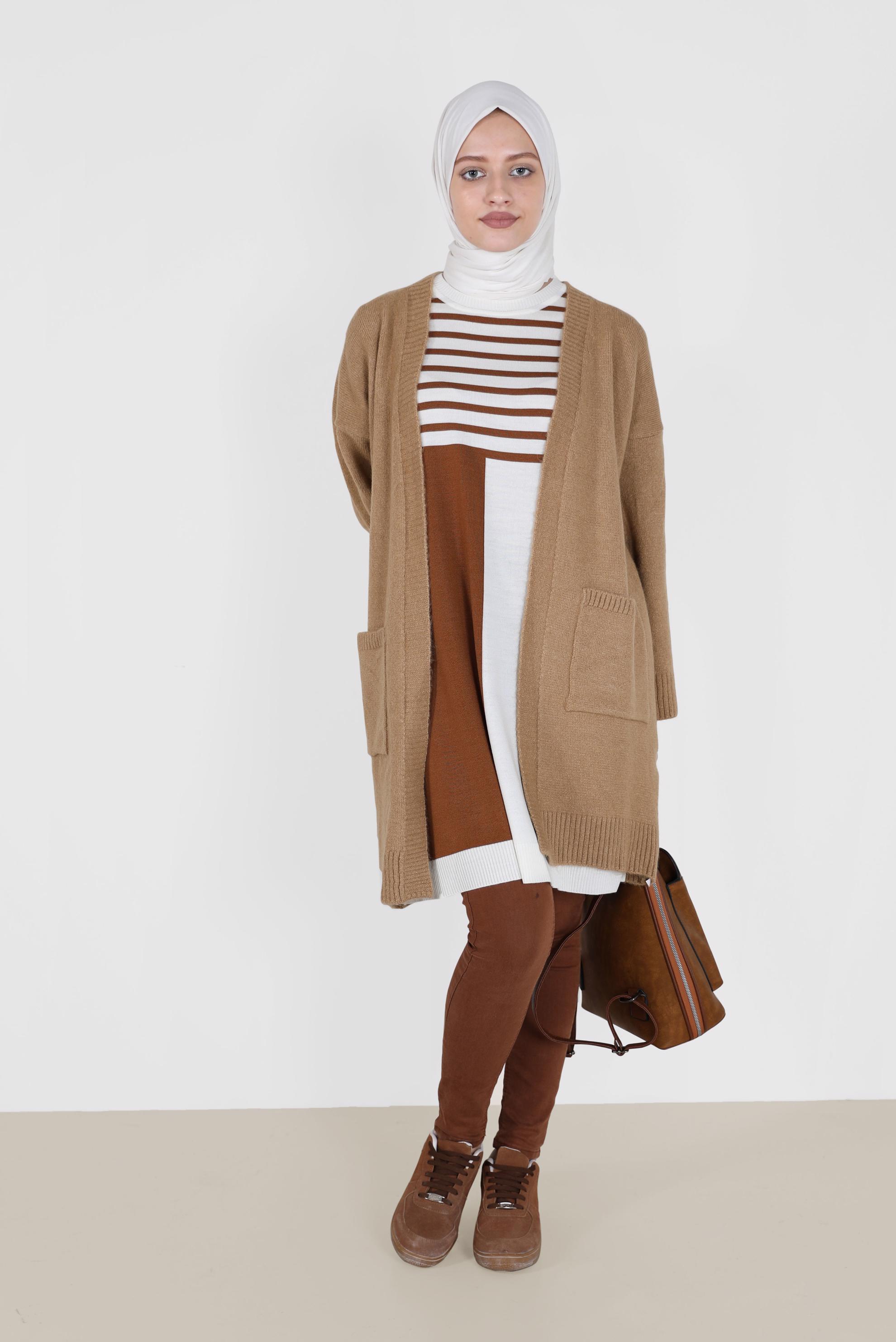 Tesettür giyim KAHVE CEP DETAYLI BASIC TRİKO HIRKA 42065 