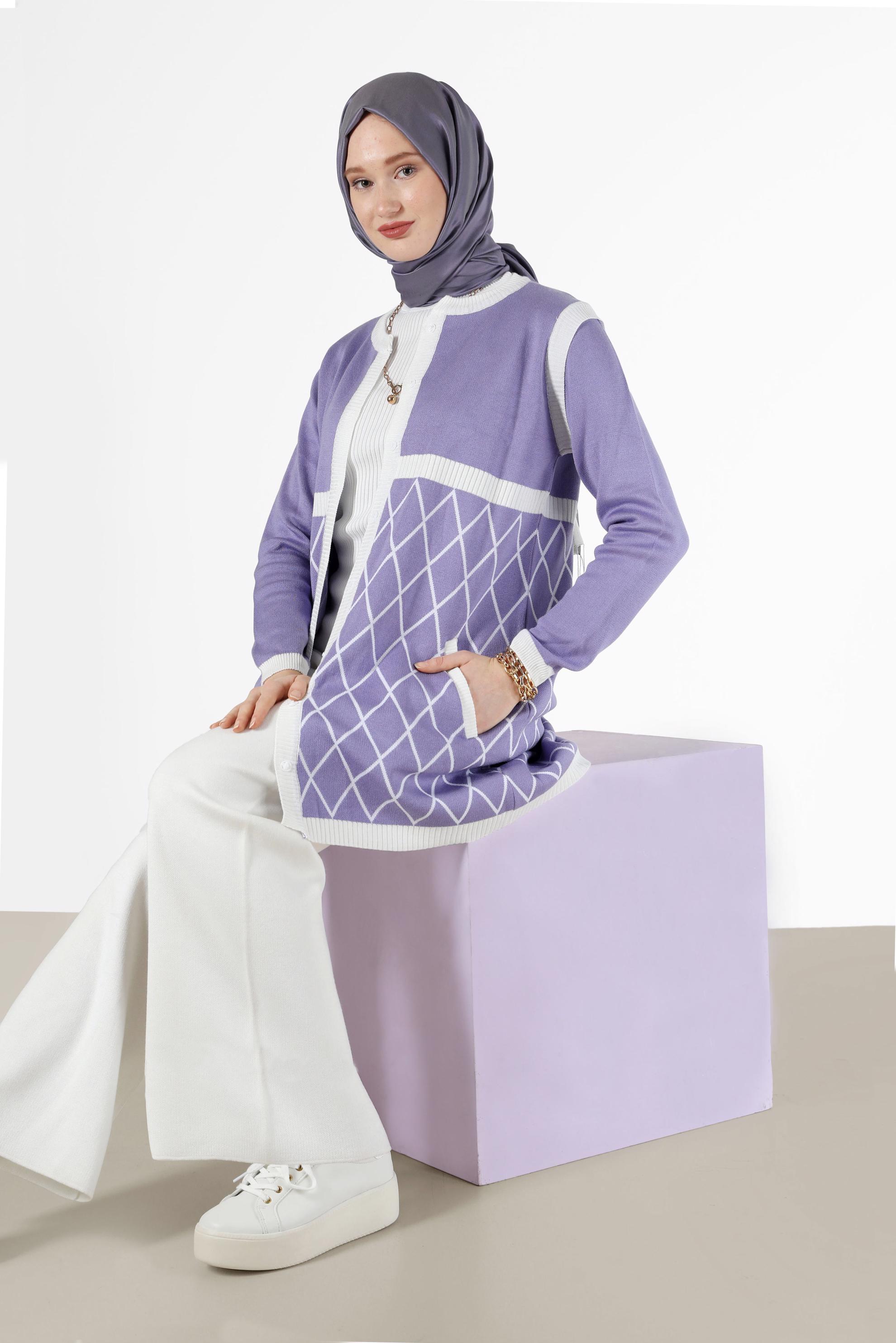 Tesettür giyim MOR GEOMETRİK DESEN DETAYLI TRİKO HIRKA 42067 